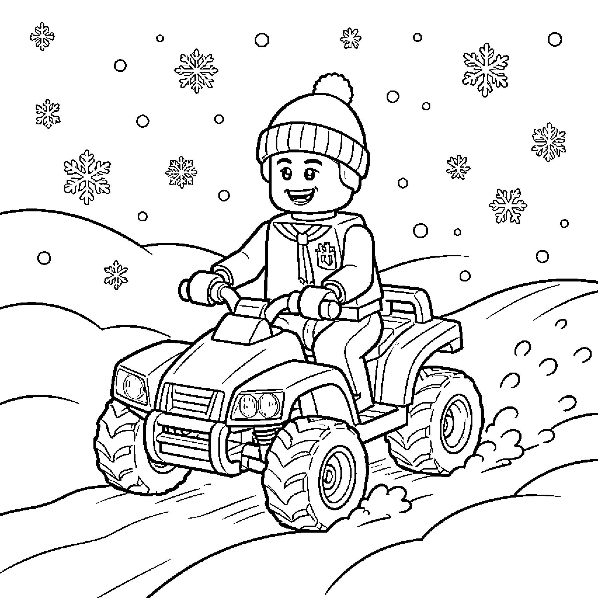 Lego Guy Riding Snowmobile in Snowy Wonderland Coloring Page (free black-and-white line drawing printable PDF for all, from beginners to advanced learners, including children, teens, adults, and seniors)