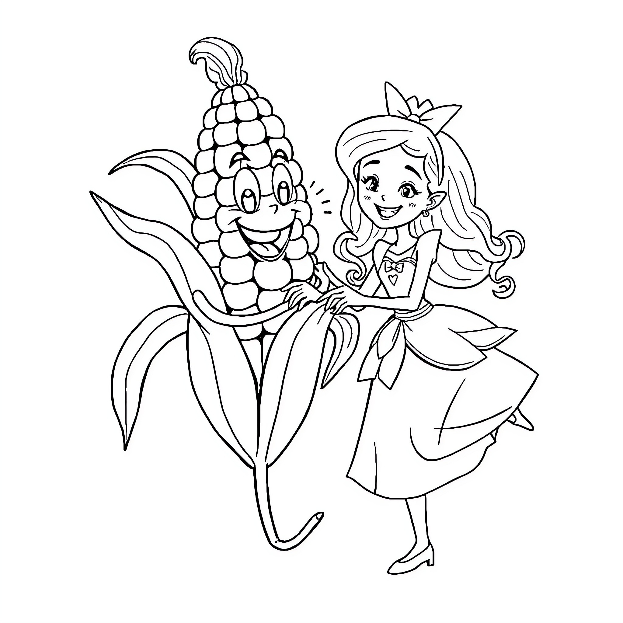 Corn Princess and her Cornucopia Companion Coloring Page (free black-and-white line drawing printable PDF for all, from beginners to advanced learners, including children, teens, adults, and seniors)
