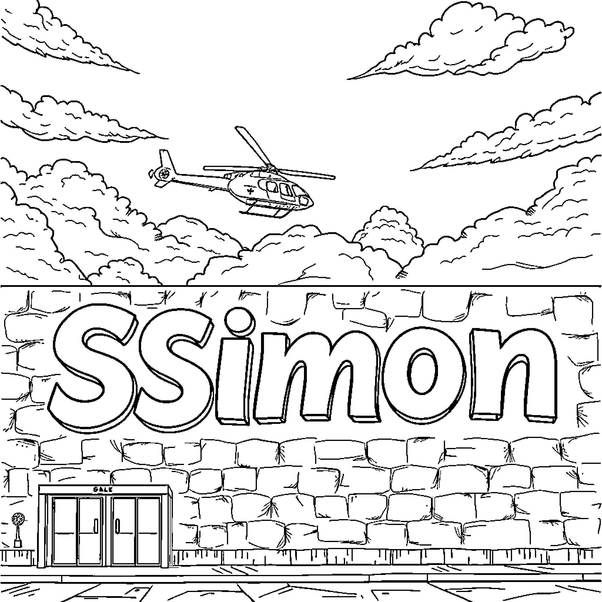 Helicopter flies over Ssimon city skyline Coloring Page (free black-and-white line drawing printable PDF for all, from beginners to advanced learners, including children, teens, adults, and seniors)