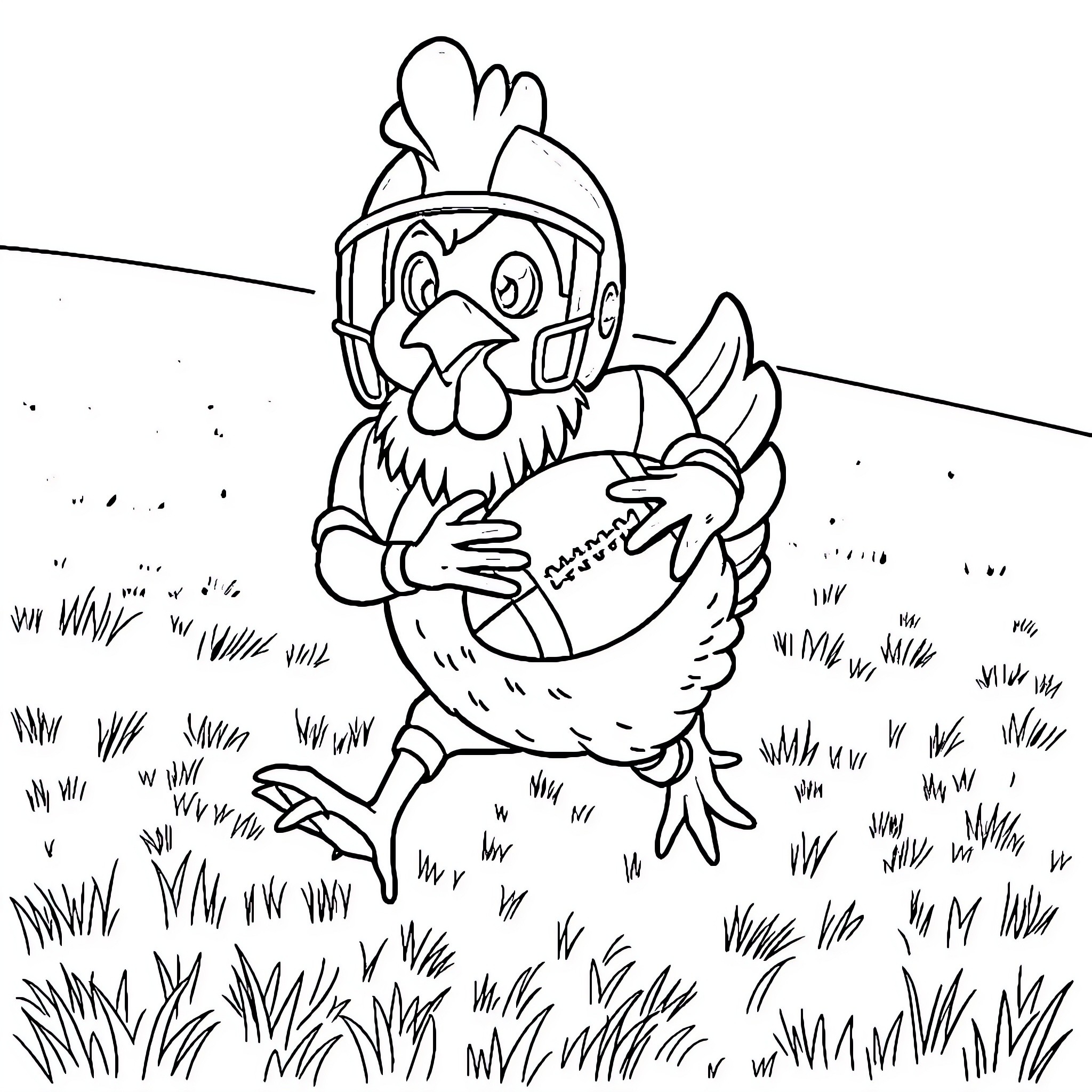Chicken chasing football in the field Coloring Page (free black-and-white line drawing printable PDF for all, from beginners to advanced learners, including children, teens, adults, and seniors)