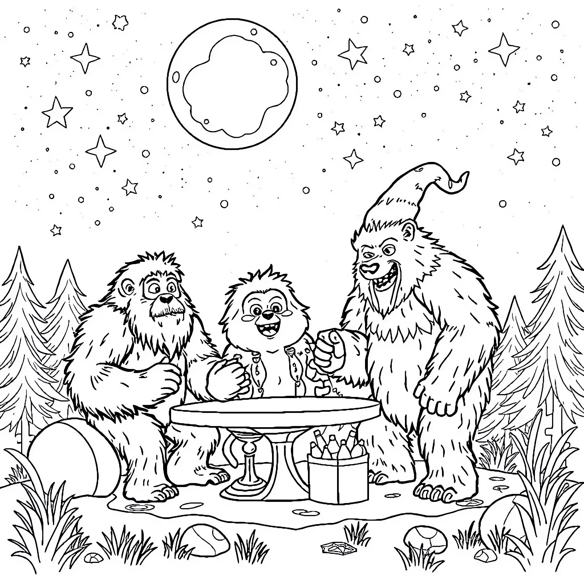 Cryptid Creatures Celebrating Under the Starry Night Sky Coloring Page (free black-and-white line drawing printable PDF for all, from beginners to advanced learners, including children, teens, adults, and seniors)