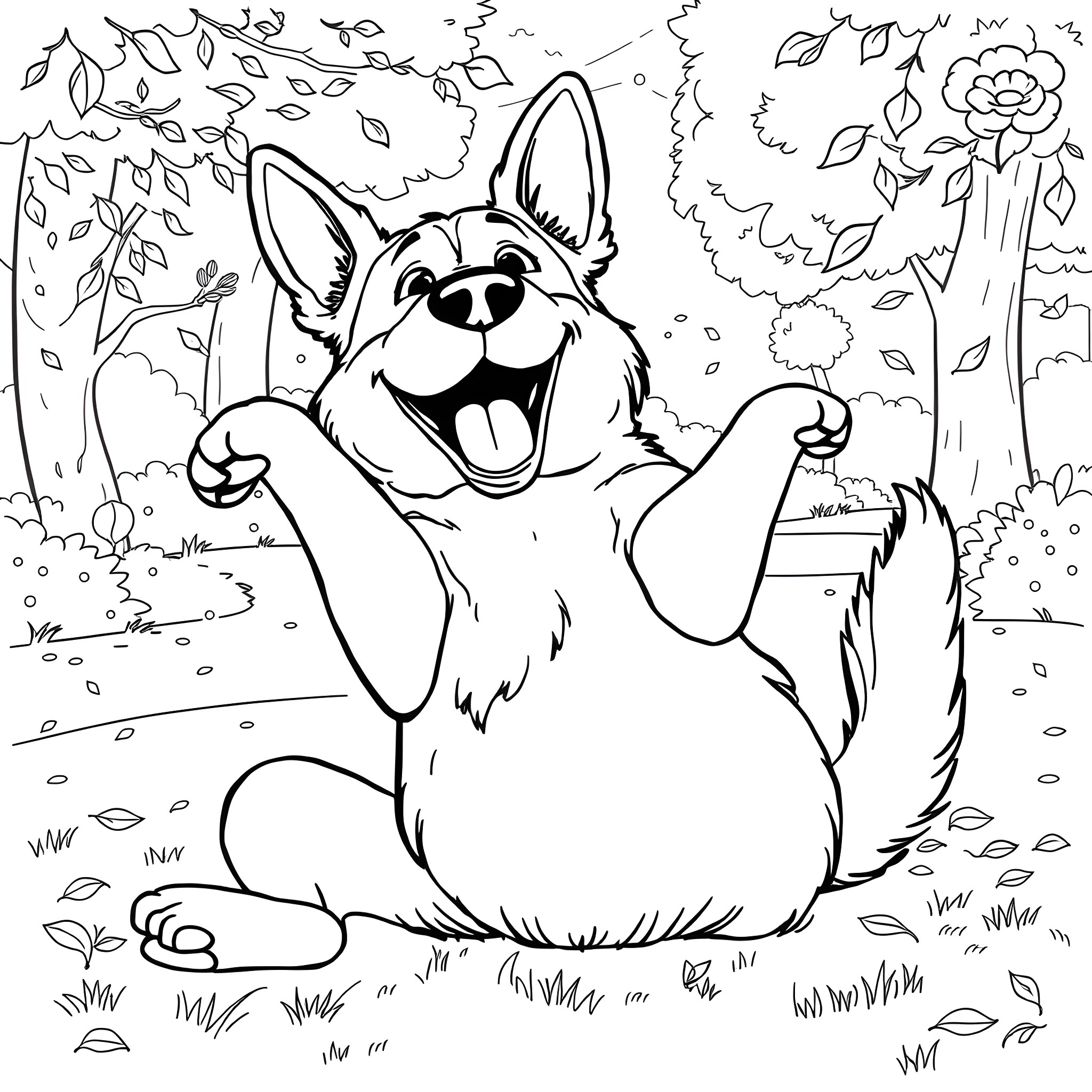 Dog delightfully playing in the autumn leaves Coloring Page (free black-and-white line drawing printable PDF for all, from beginners to advanced learners, including children, teens, adults, and seniors)