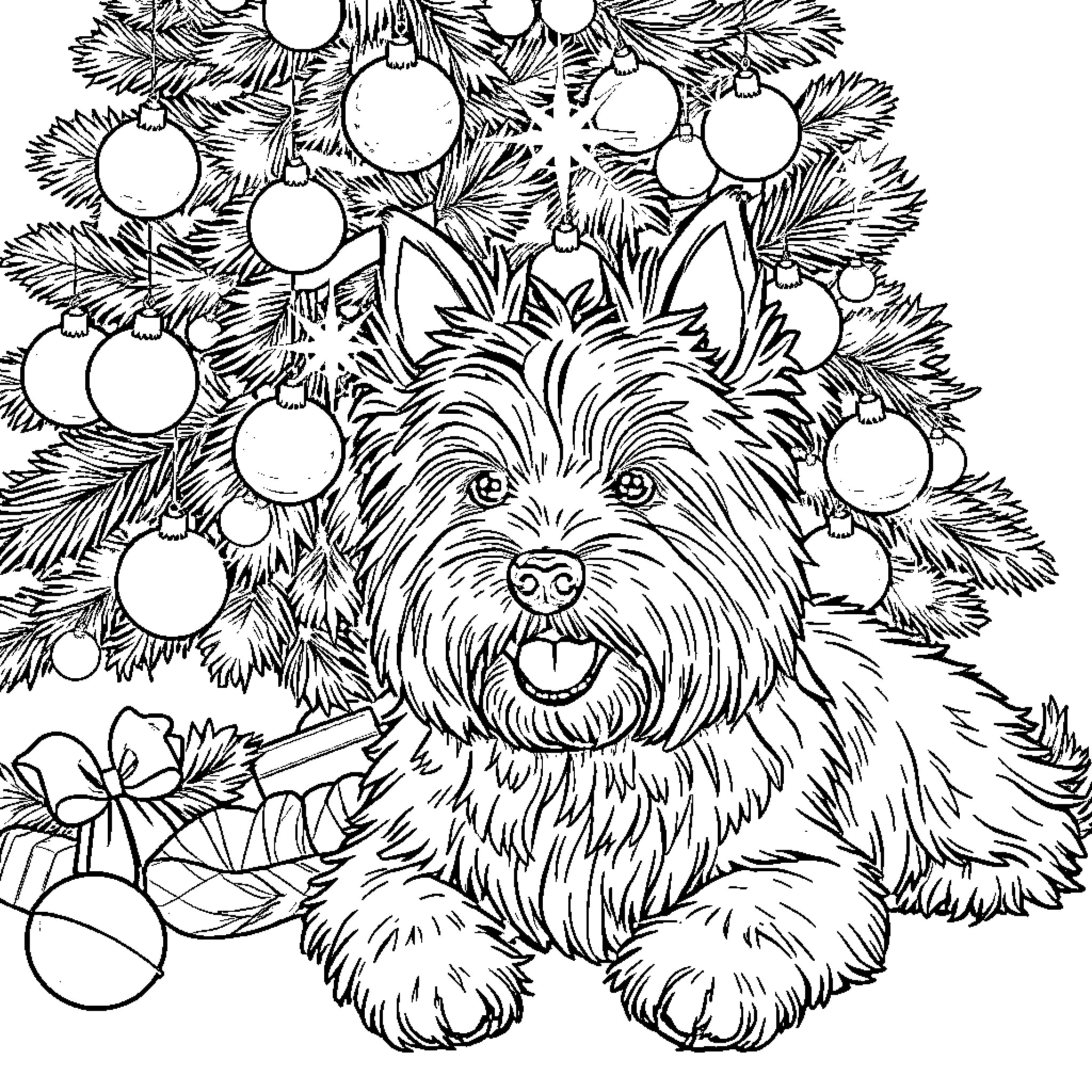 West Highland Terrier among Christmas ornaments Coloring Page (free black-and-white line drawing printable PDF for all, from beginners to advanced learners, including children, teens, adults, and seniors)