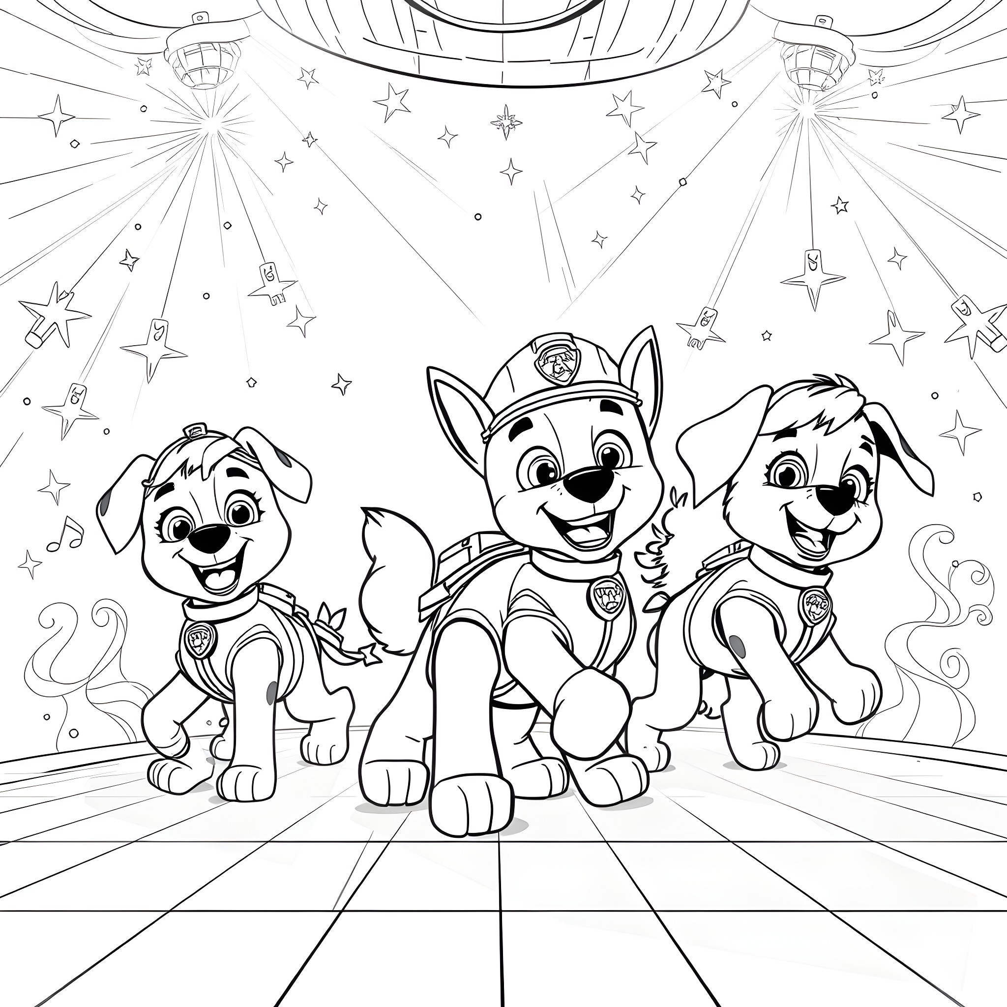 Paw Patrol Puppies Performing on Stage Coloring Page (free black-and-white line drawing printable PDF for all, from beginners to advanced learners, including children, teens, adults, and seniors)