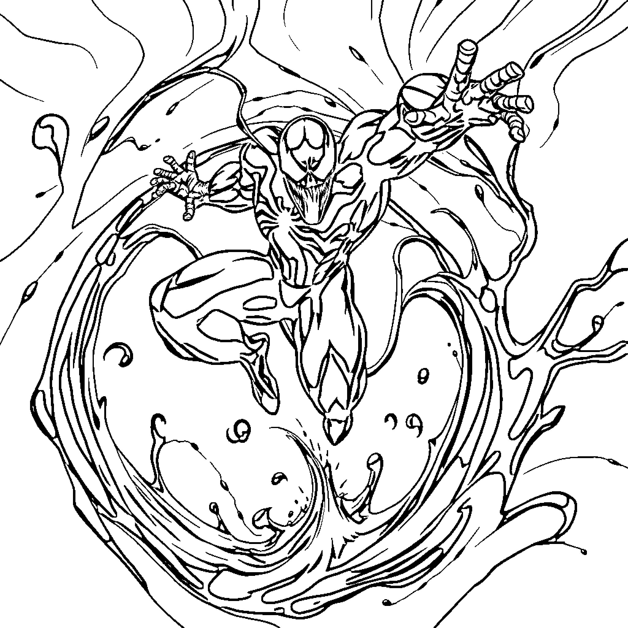 Venom Symbiote Unleashing its Ferocious Powers Coloring Page (free black-and-white line drawing printable PDF for all, from beginners to advanced learners, including children, teens, adults, and seniors)