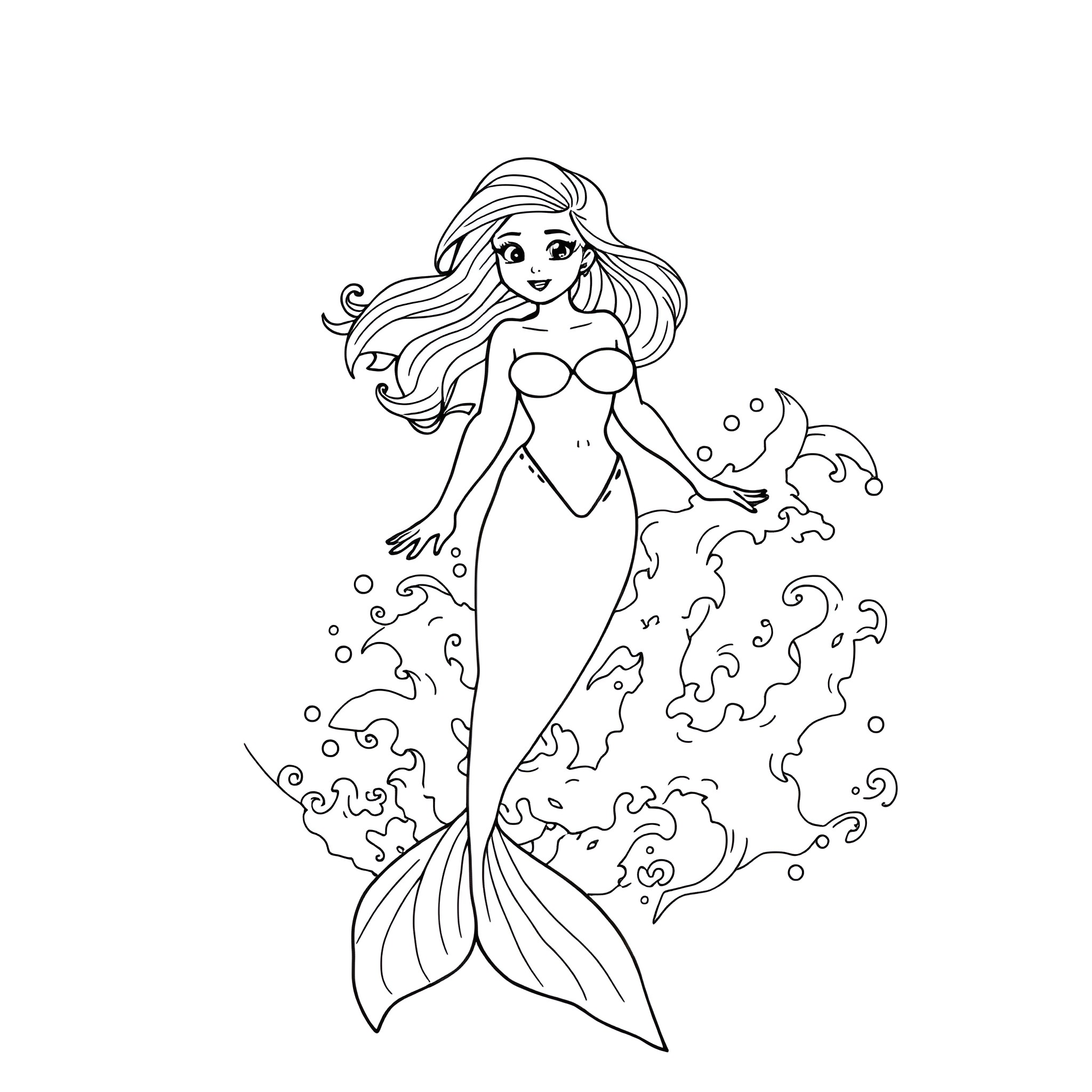 Mermaid swimming gracefully in the ocean Coloring Page (free black-and-white line drawing printable PDF for all, from beginners to advanced learners, including children, teens, adults, and seniors)