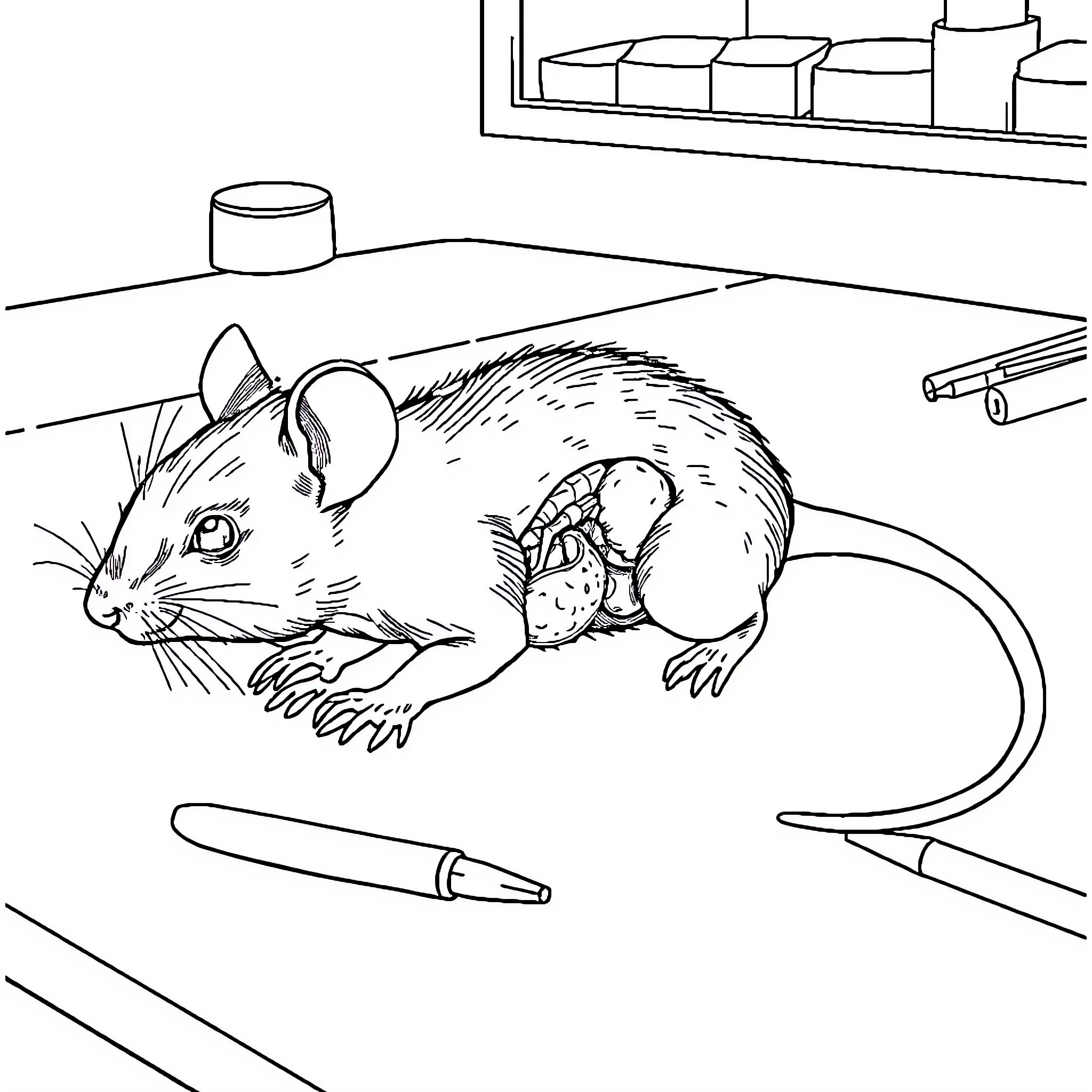 Mouse exploring laboratory equipment Coloring Page (free black-and-white line drawing printable PDF for all, from beginners to advanced learners, including children, teens, adults, and seniors)