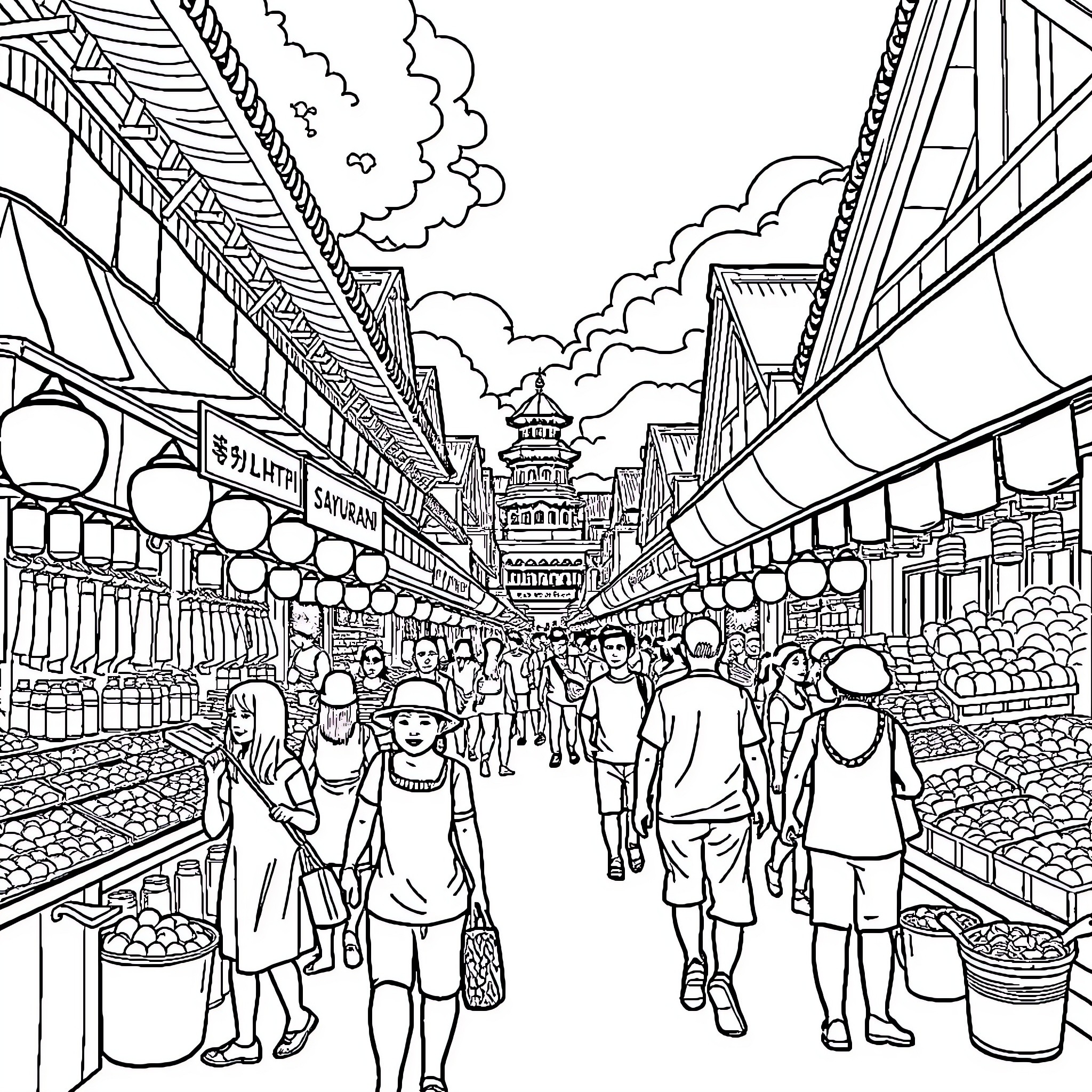 Sayuran: Vibrant Market Scene with Bustling Crowd Coloring Page (free black-and-white line drawing printable PDF for all, from beginners to advanced learners, including children, teens, adults, and seniors)