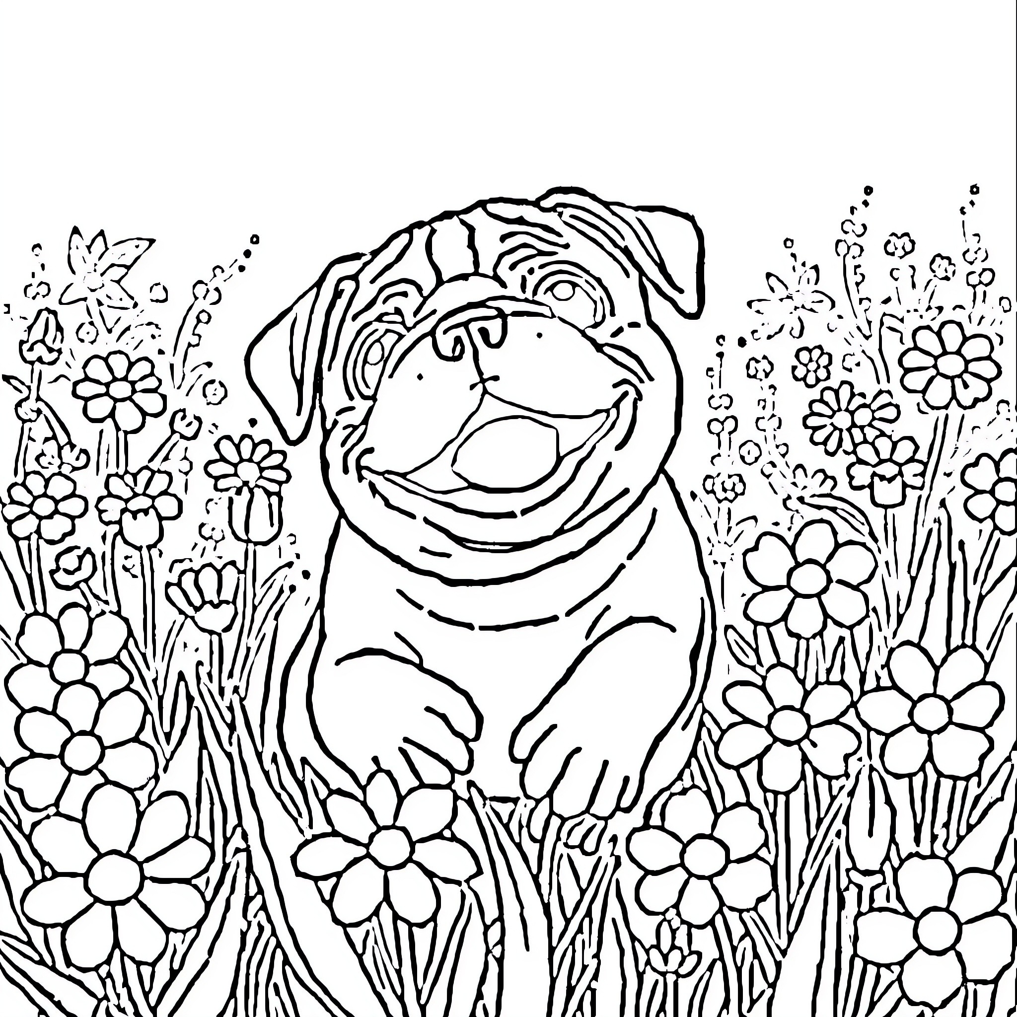 Pug enjoying the floral garden Coloring Page (free black-and-white line drawing printable PDF for all, from beginners to advanced learners, including children, teens, adults, and seniors)