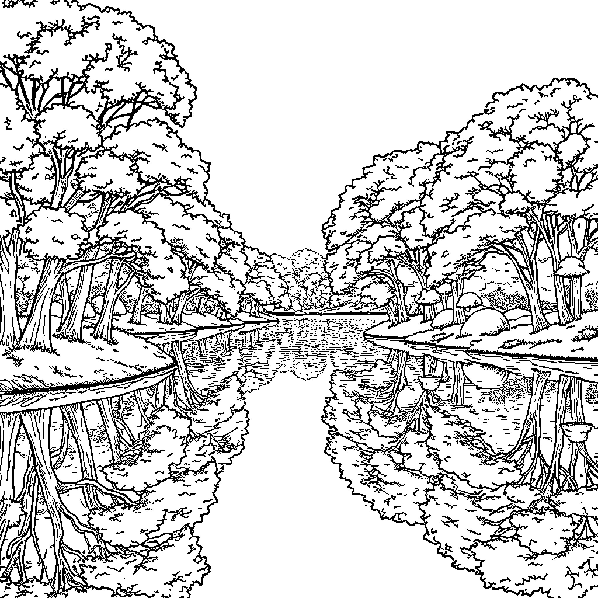Lake with serene landscape and reflections Coloring Page (free black-and-white line drawing printable PDF for all, from beginners to advanced learners, including children, teens, adults, and seniors)