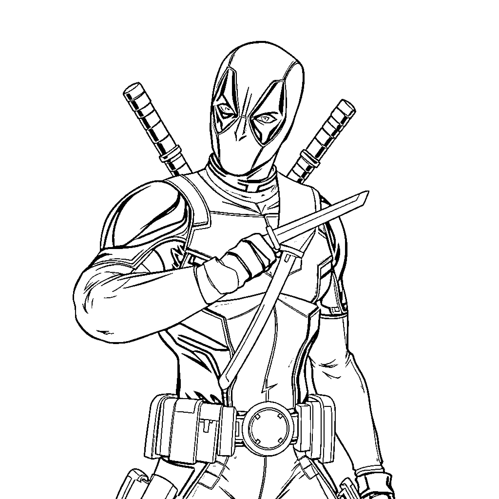 Deadpool wielding swords in action pose Coloring Page (free black-and-white line drawing printable PDF for all, from beginners to advanced learners, including children, teens, adults, and seniors)