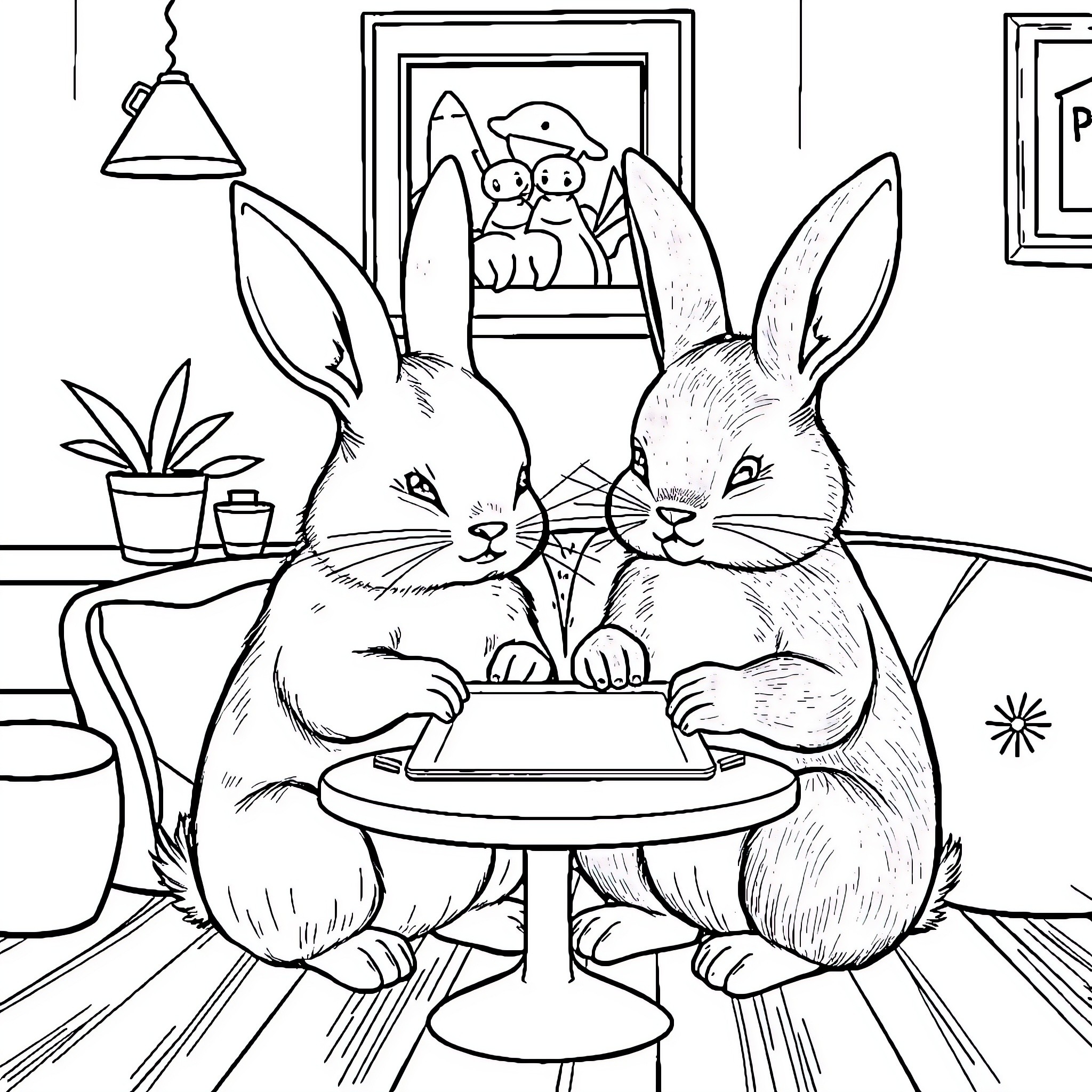 Conejo Rabbits Enjoying a Cozy Indoor Gathering Coloring Page (free black-and-white line drawing printable PDF for all, from beginners to advanced learners, including children, teens, adults, and seniors)