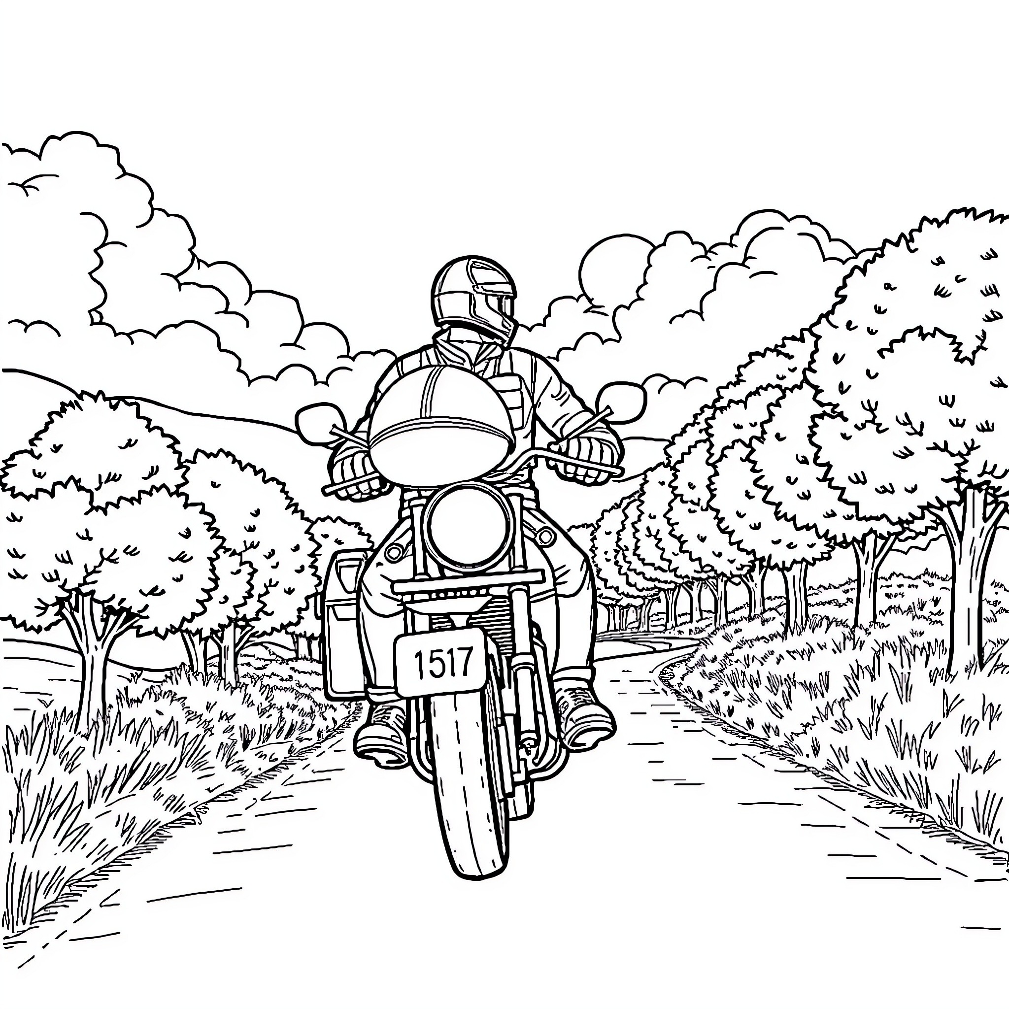 Motard riding motorcycle through forest landscape Coloring Page (free black-and-white line drawing printable PDF for all, from beginners to advanced learners, including children, teens, adults, and seniors)