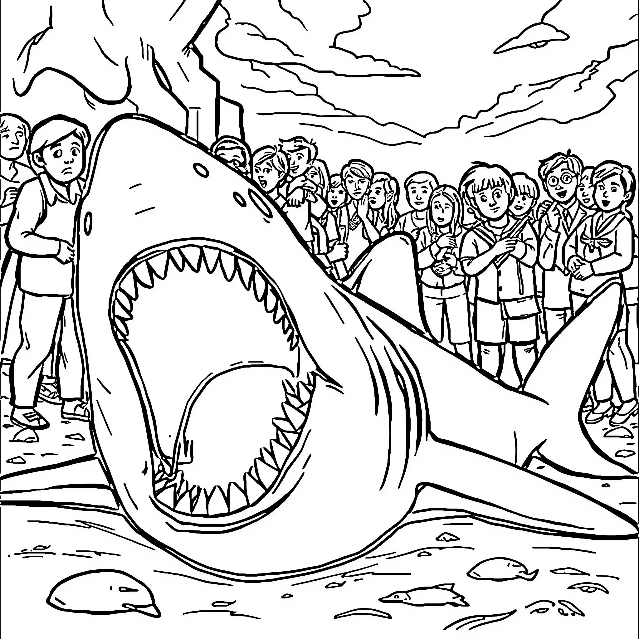 Shark attacking crowd in a dramatic scene Coloring Page (free black-and-white line drawing printable PDF for all, from beginners to advanced learners, including children, teens, adults, and seniors)