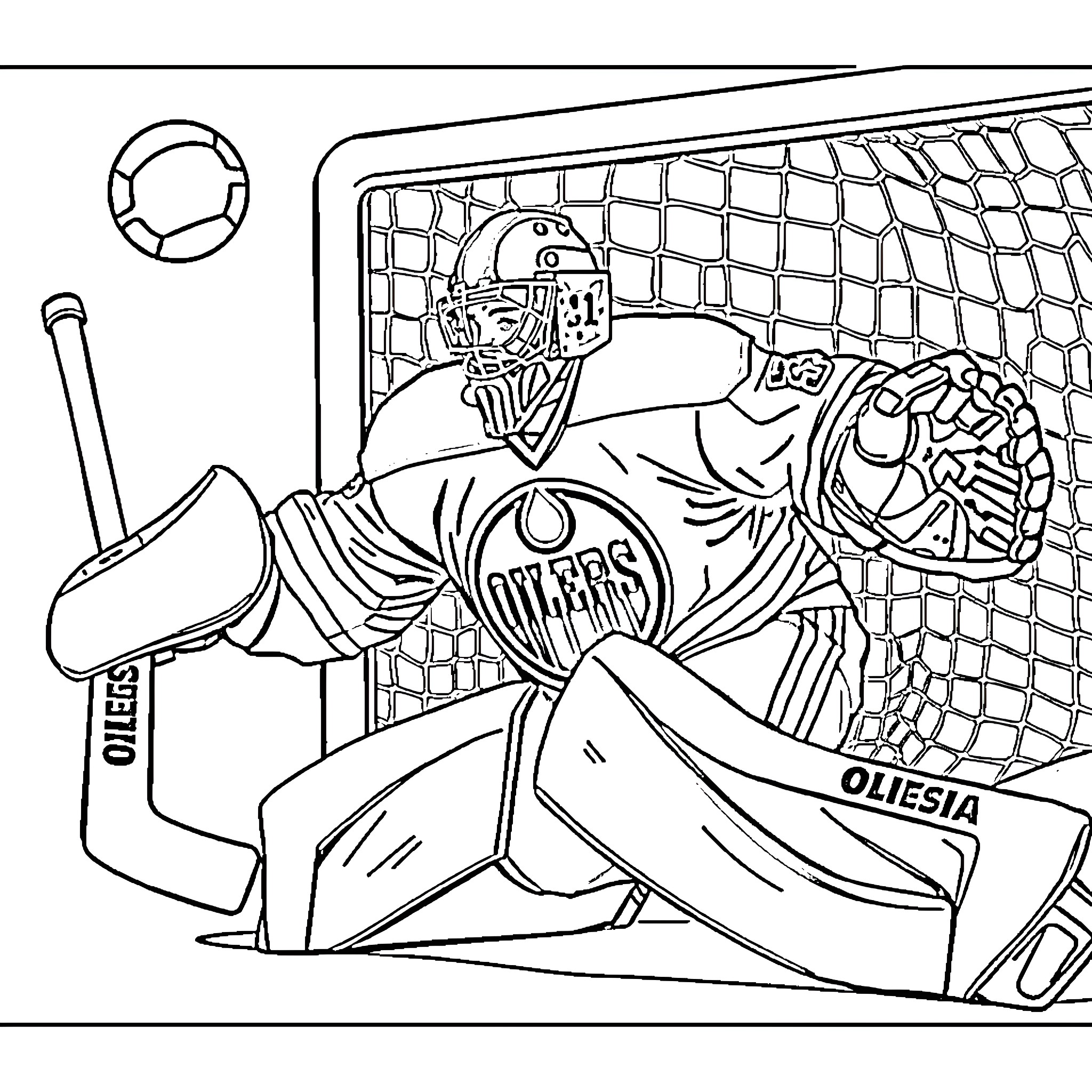Goalie in action with hockey gear Coloring Page (free black-and-white line drawing printable PDF for all, from beginners to advanced learners, including children, teens, adults, and seniors)