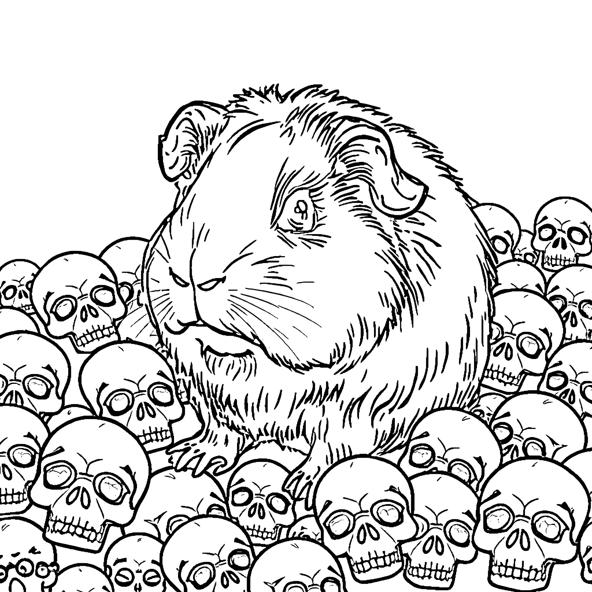 Guinea Pig surrounded by spooky skulls Coloring Page (free black-and-white line drawing printable PDF for all, from beginners to advanced learners, including children, teens, adults, and seniors)
