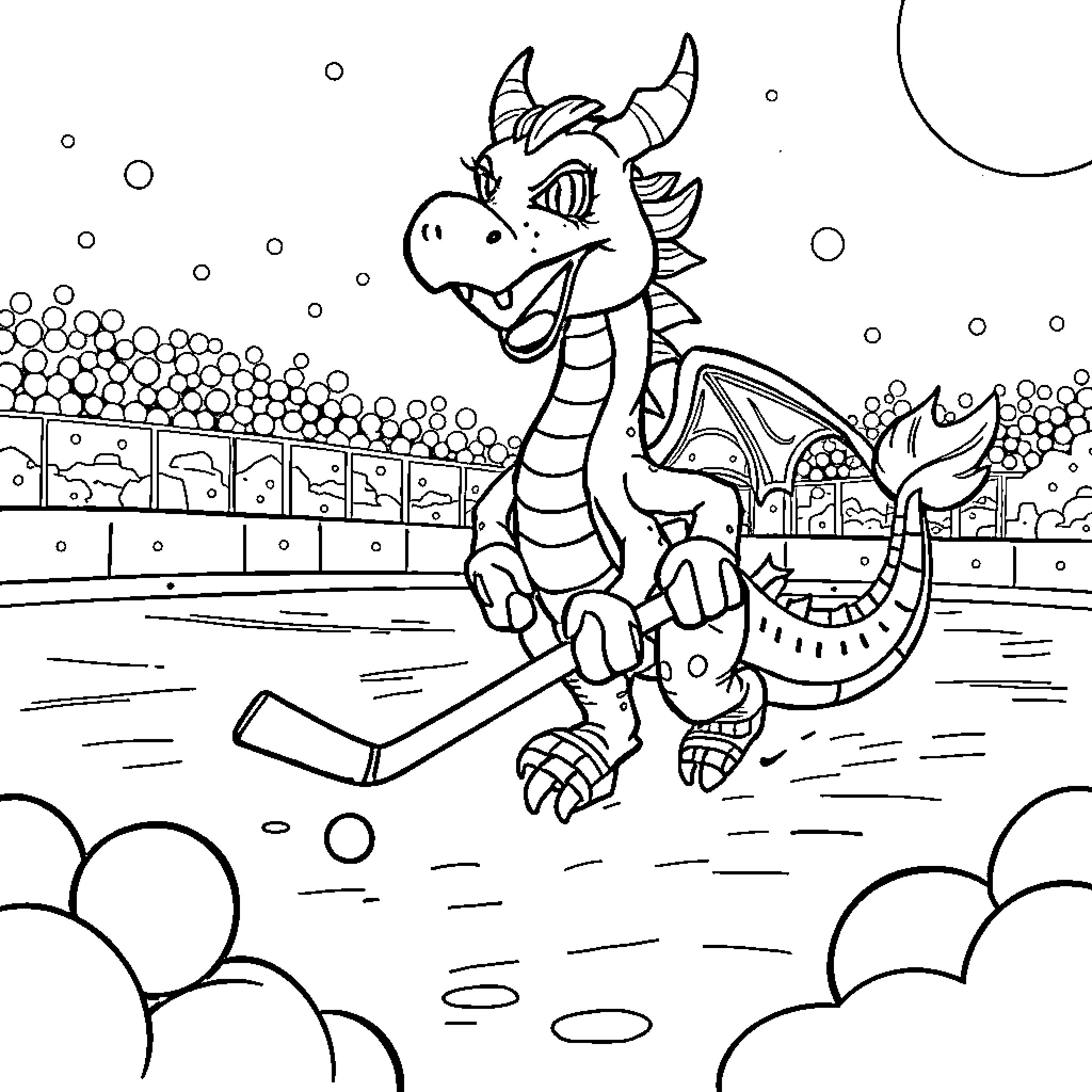 Dragon playing hockey on a frozen lake Coloring Page (free black-and-white line drawing printable PDF for all, from beginners to advanced learners, including children, teens, adults, and seniors)
