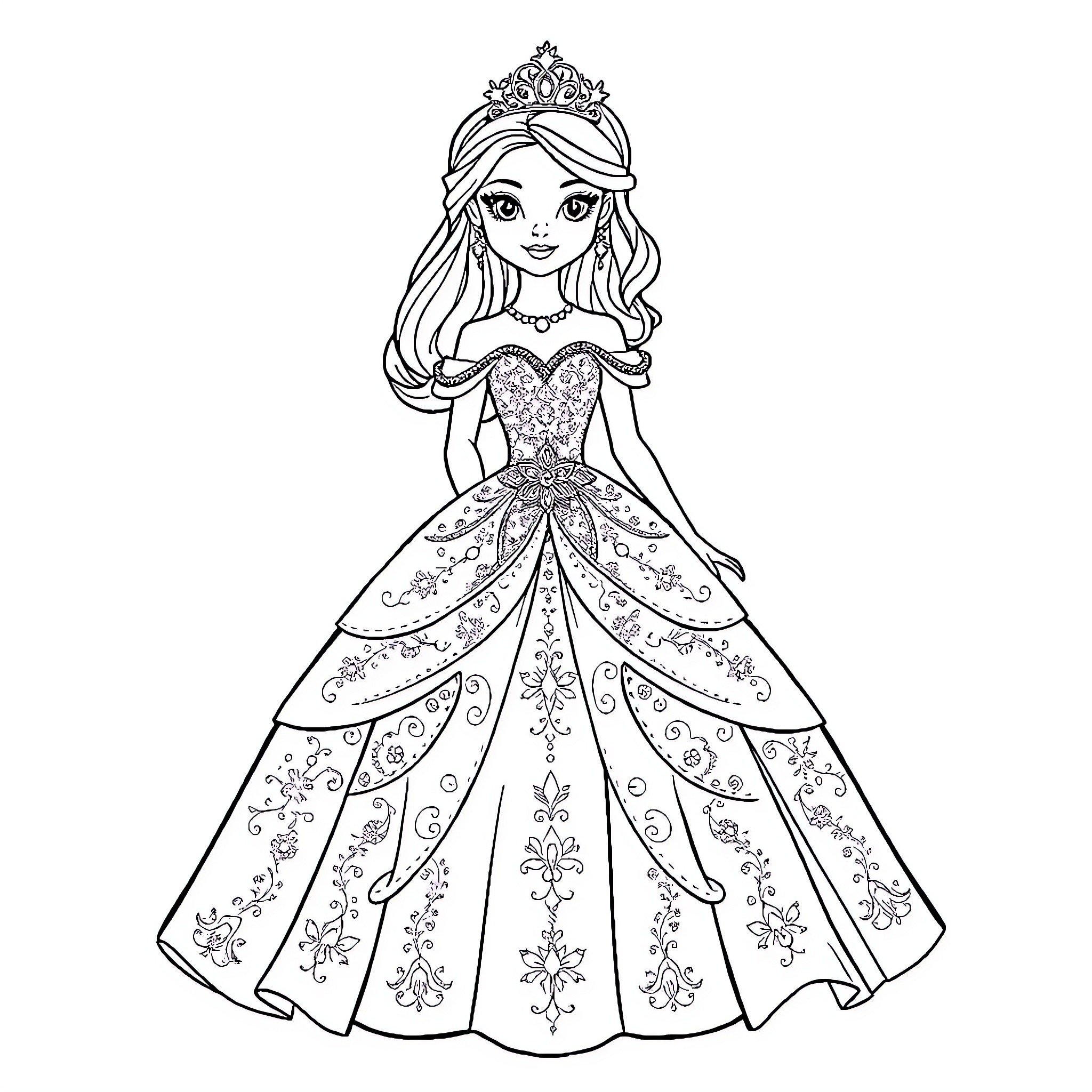 Princess in a Magnificent Gown Coloring Page (free black-and-white line drawing printable PDF for all, from beginners to advanced learners, including children, teens, adults, and seniors)