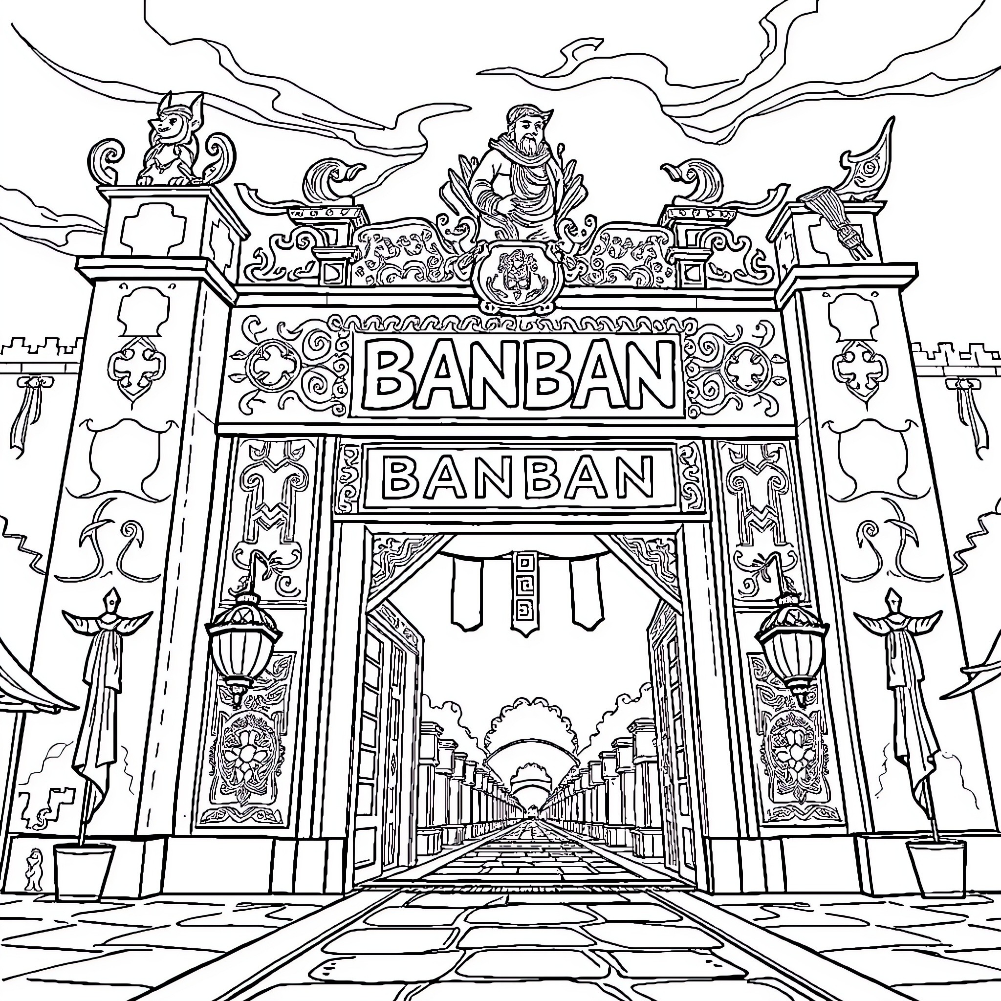 Gaten exploring the ornate Banban gates Coloring Page (free black-and-white line drawing printable PDF for all, from beginners to advanced learners, including children, teens, adults, and seniors)