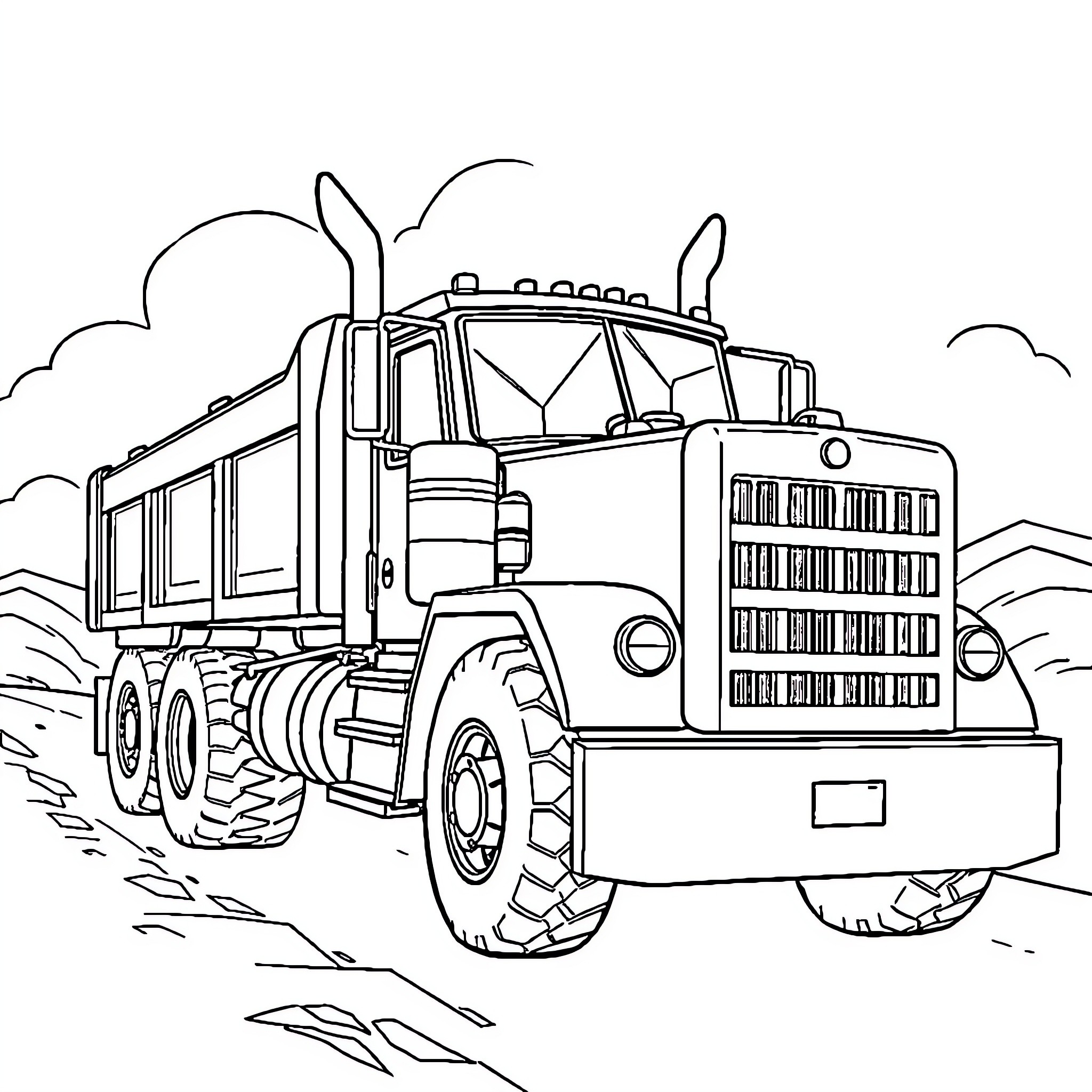 Truck hauling cargo through rugged terrain Coloring Page (free black-and-white line drawing printable PDF for all, from beginners to advanced learners, including children, teens, adults, and seniors)