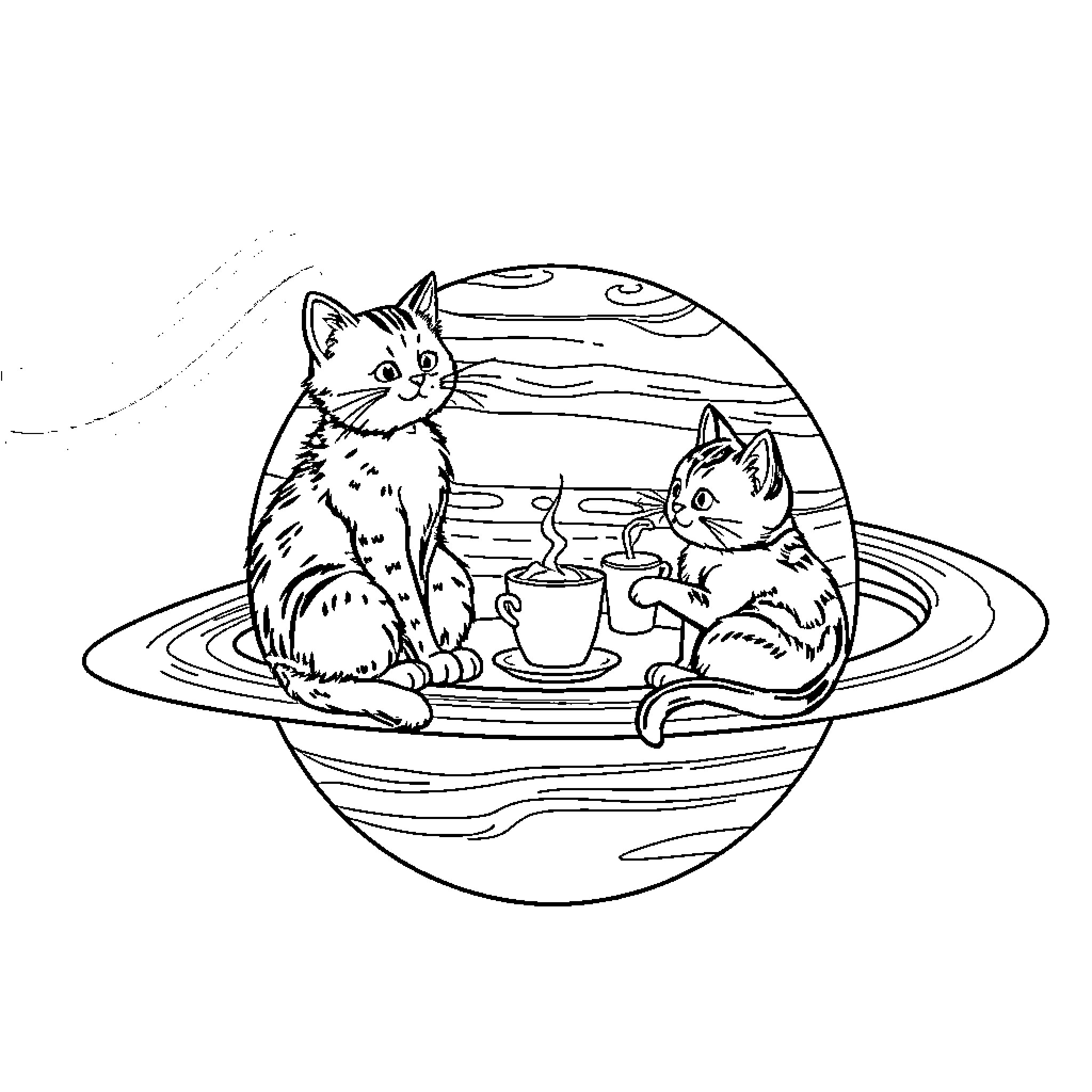 Cat companions relaxing in a serene environment Coloring Page (free black-and-white line drawing printable PDF for all, from beginners to advanced learners, including children, teens, adults, and seniors)