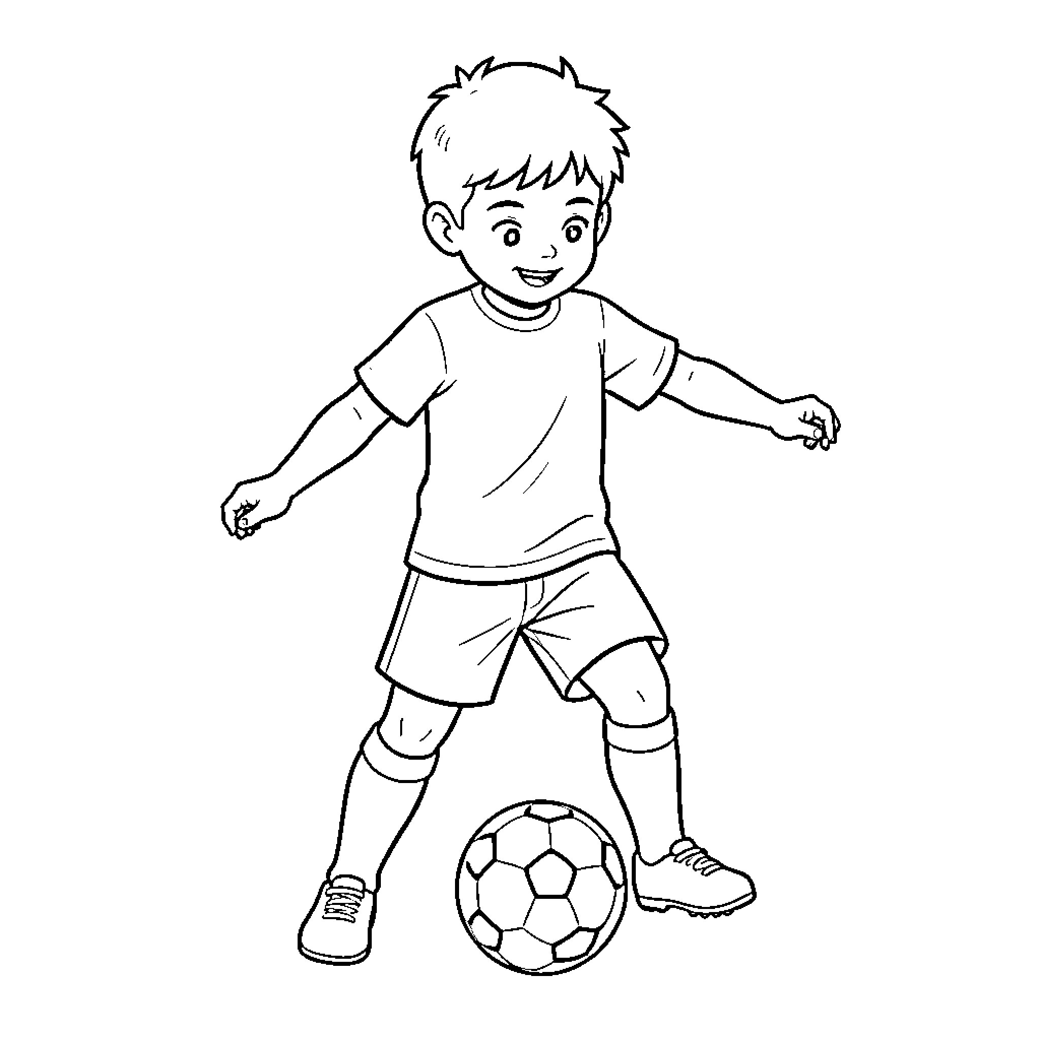 Footballeur dribbling a ball with a happy expression Coloring Page (free black-and-white line drawing printable PDF for all, from beginners to advanced learners, including children, teens, adults, and seniors)