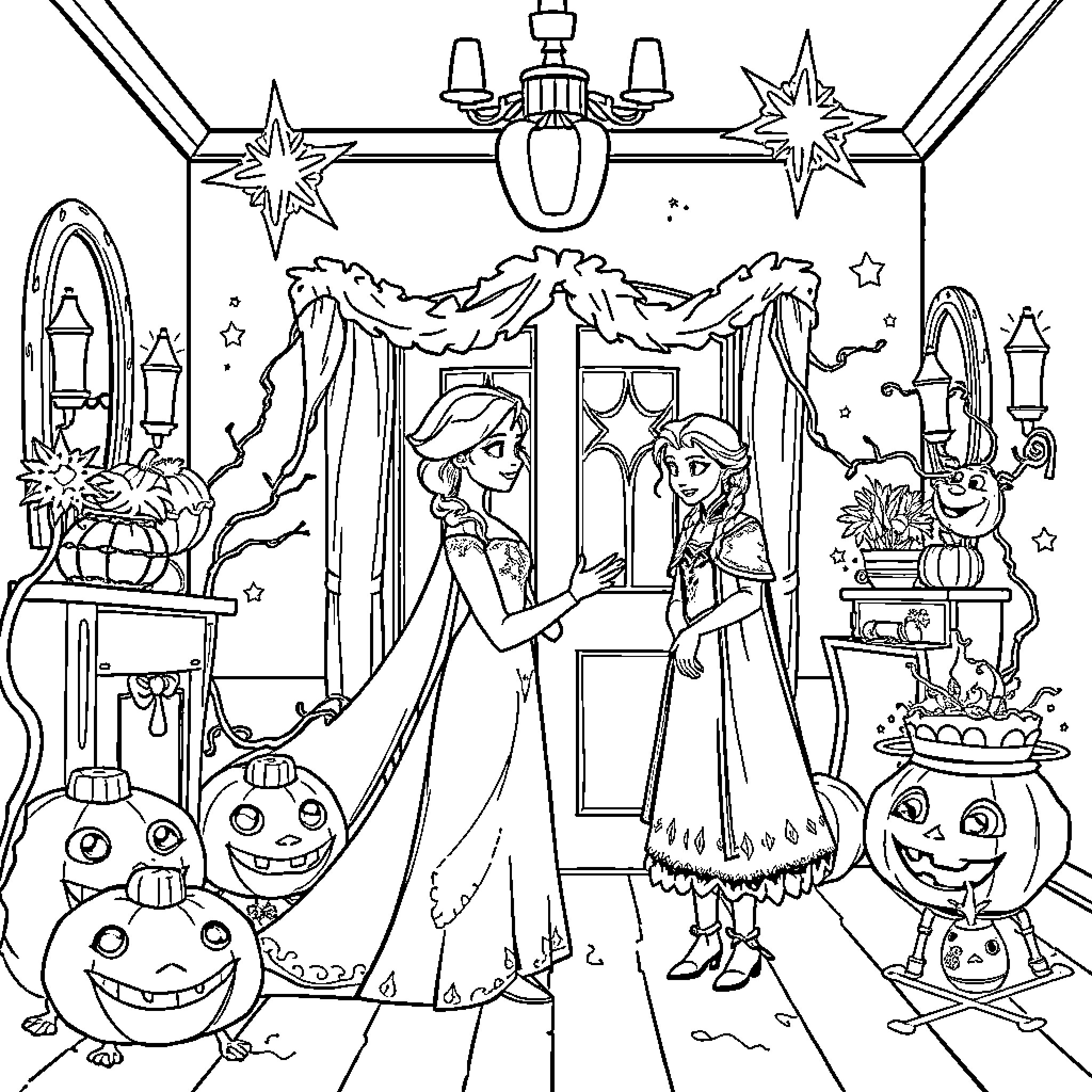 Queen's Halloween Celebration with Princesses Coloring Page (free black-and-white line drawing printable PDF for all, from beginners to advanced learners, including children, teens, adults, and seniors)