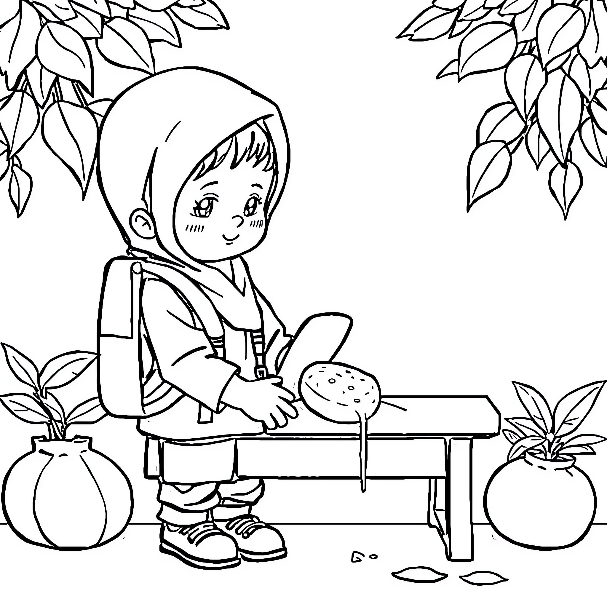 Student Drawing Outdoors on a Bench Coloring Page (free black-and-white line drawing printable PDF for all, from beginners to advanced learners, including children, teens, adults, and seniors)