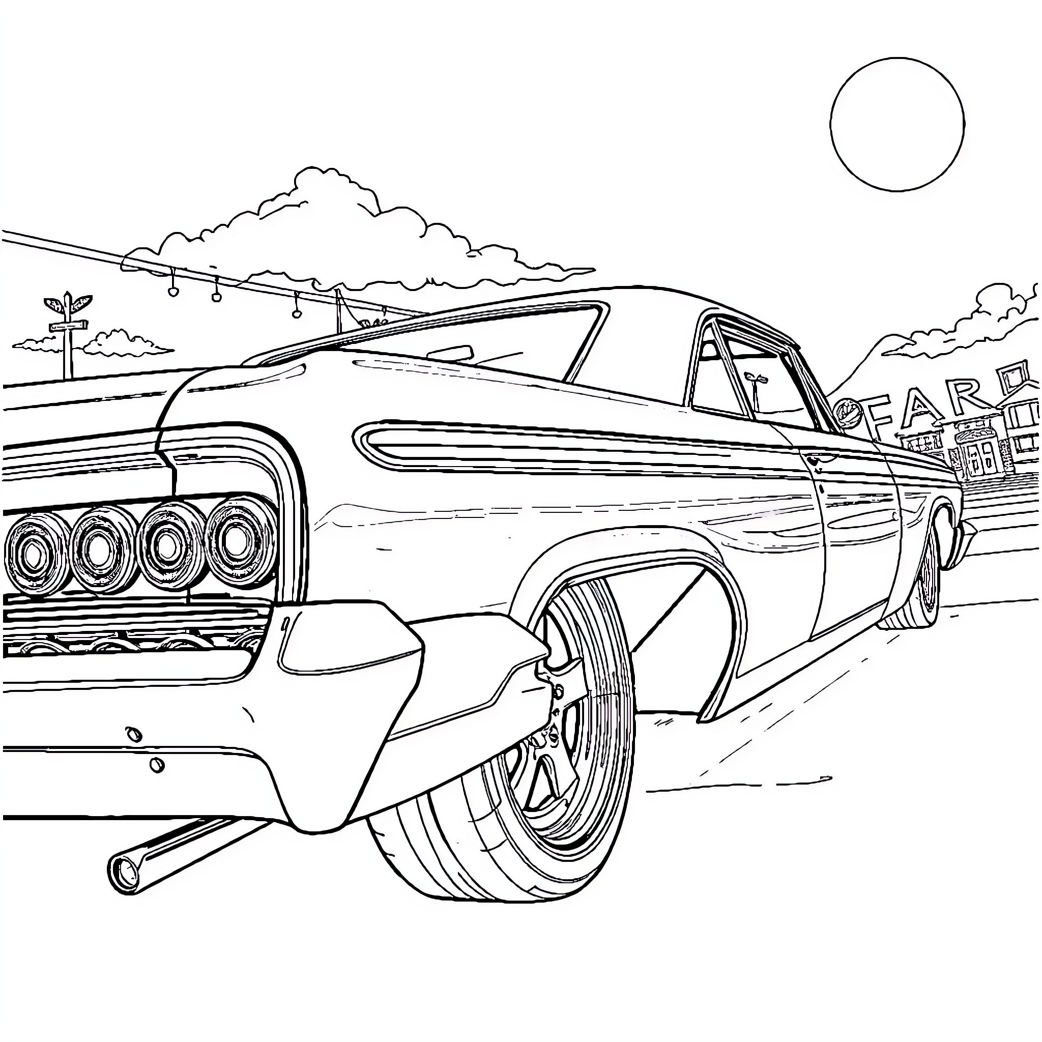 Impala classic car on the road Coloring Page (free black-and-white line drawing printable PDF for all, from beginners to advanced learners, including children, teens, adults, and seniors)