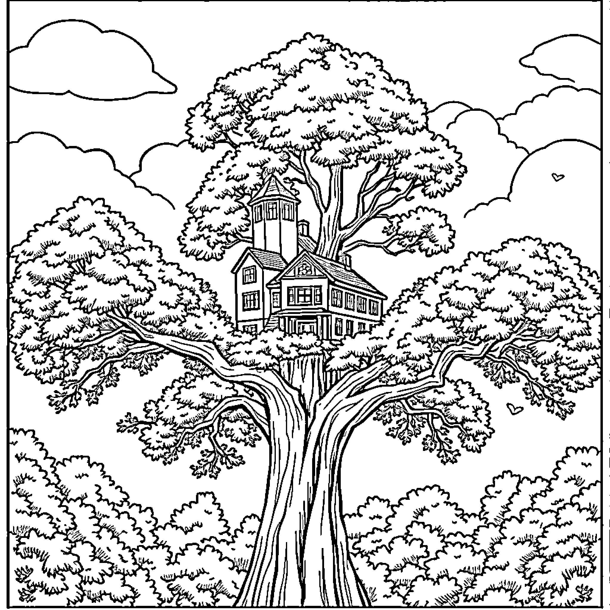 Tree Hospital: Whimsical Treehouse Nestled in a Lush Forest Coloring Page (free black-and-white line drawing printable PDF for all, from beginners to advanced learners, including children, teens, adults, and seniors)