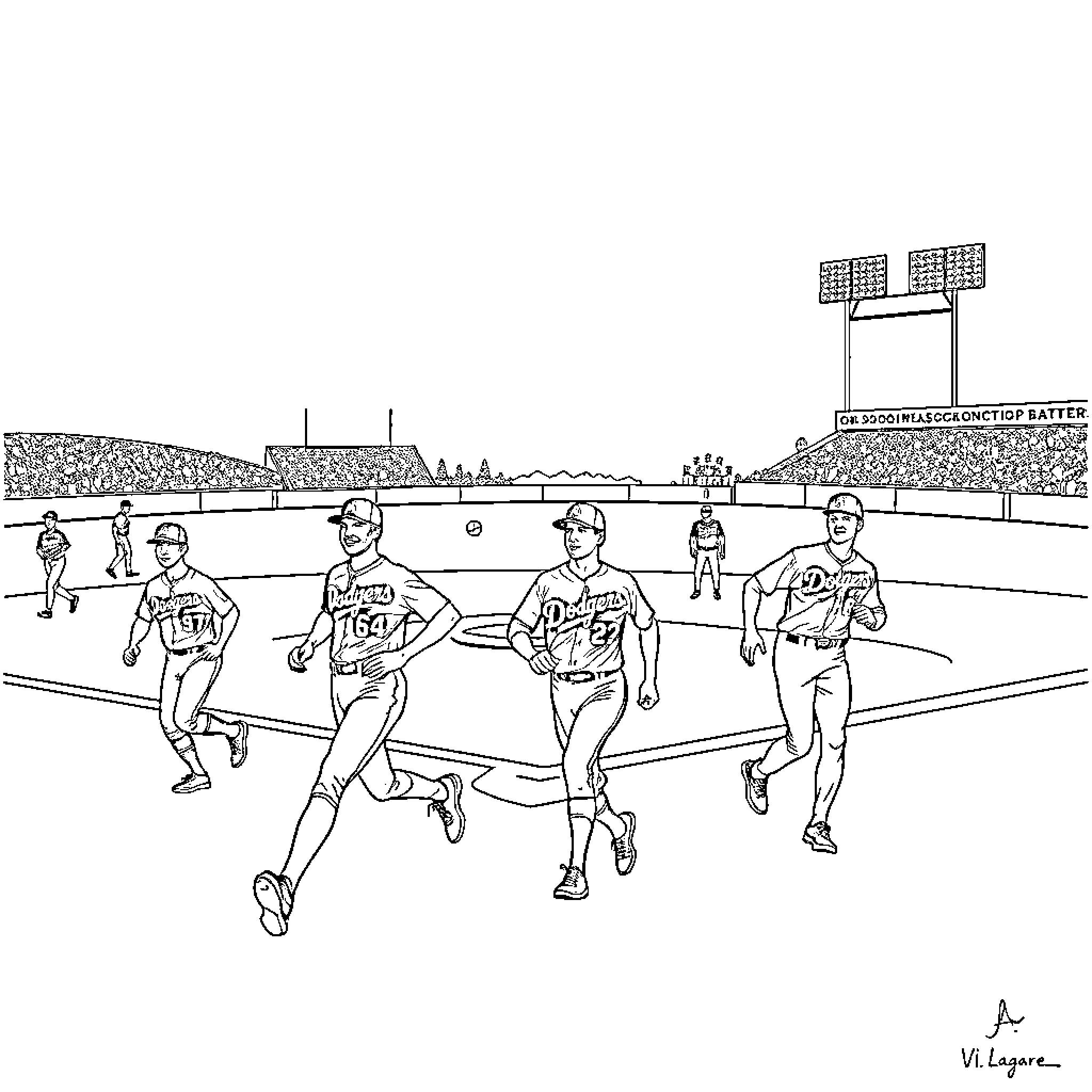 Dodgers Players Running on the Field Coloring Page (free black-and-white line drawing printable PDF for all, from beginners to advanced learners, including children, teens, adults, and seniors)
