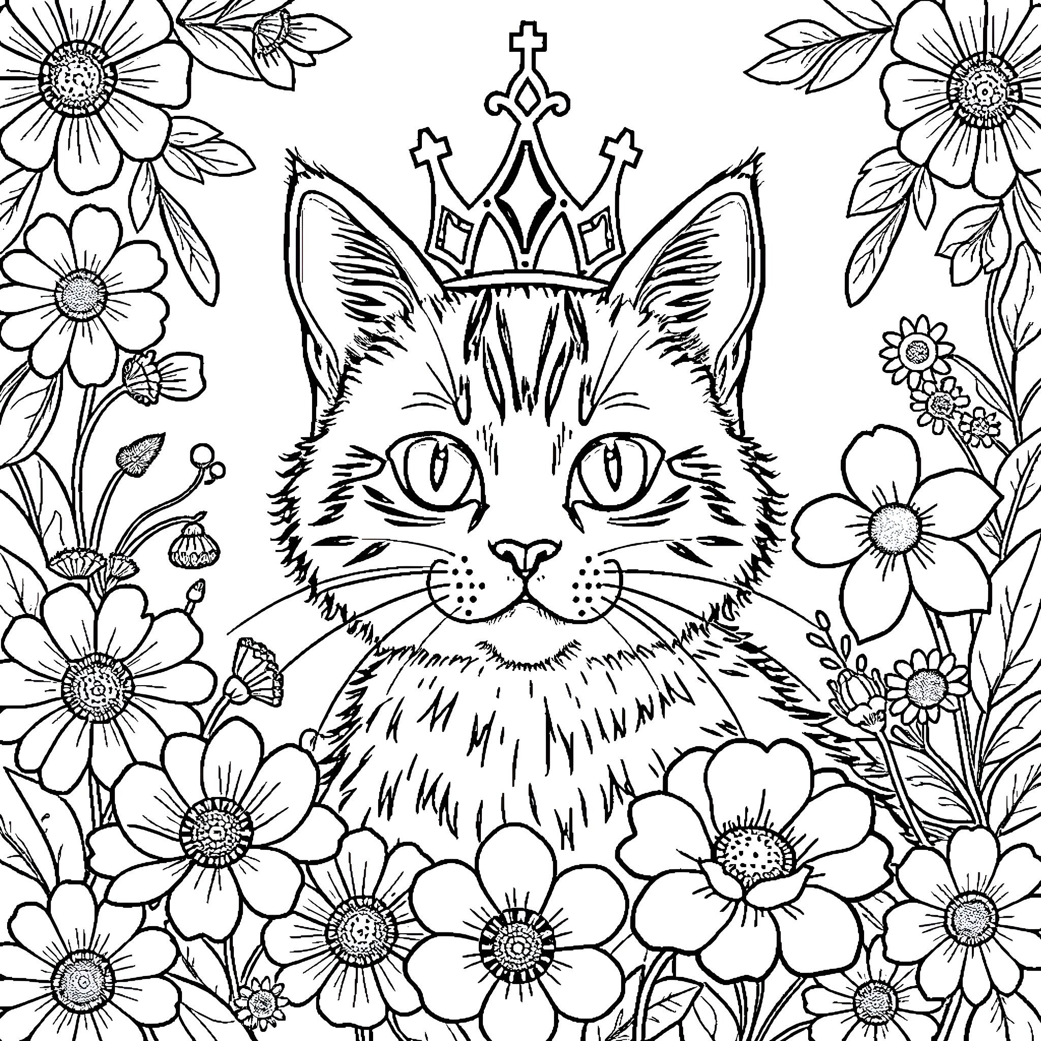 Cat with a Crown among Flowers Coloring Page (free black-and-white line drawing printable PDF for all, from beginners to advanced learners, including children, teens, adults, and seniors)