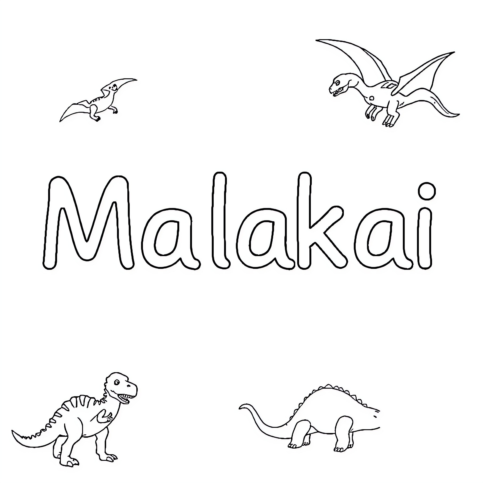 Name Dinosaurs and Lettering Coloring Page (free black-and-white line drawing printable PDF for all, from beginners to advanced learners, including children, teens, adults, and seniors)