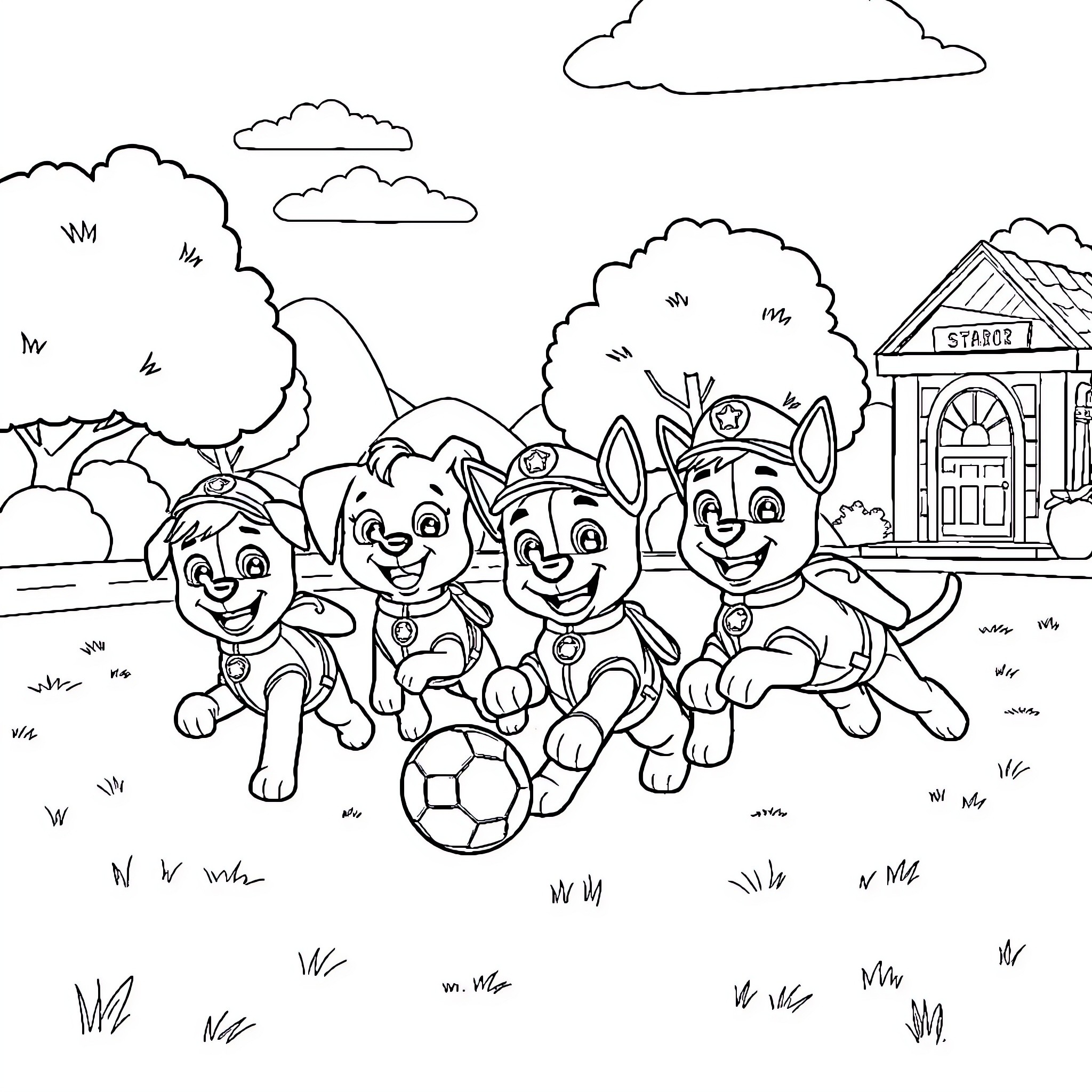 Paw Patrol characters playing and exploring outdoors Coloring Page (free black-and-white line drawing printable PDF for all, from beginners to advanced learners, including children, teens, adults, and seniors)