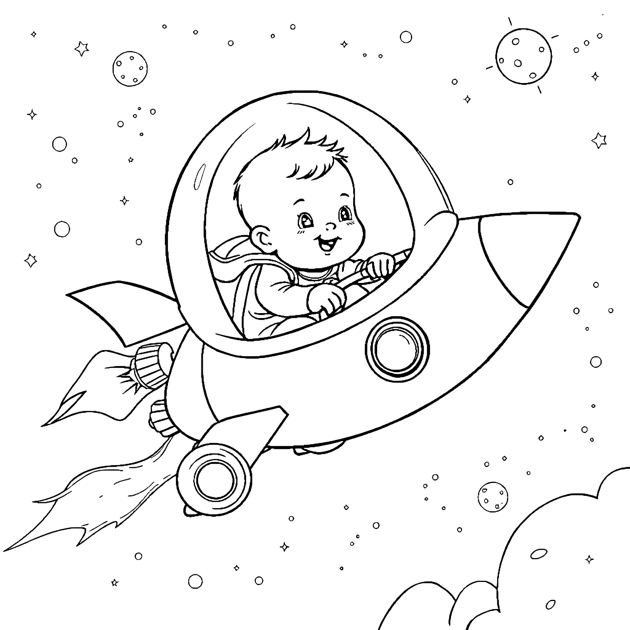 Baby astronaut in a rocket ship exploring space Coloring Page (free black-and-white line drawing printable PDF for all, from beginners to advanced learners, including children, teens, adults, and seniors)