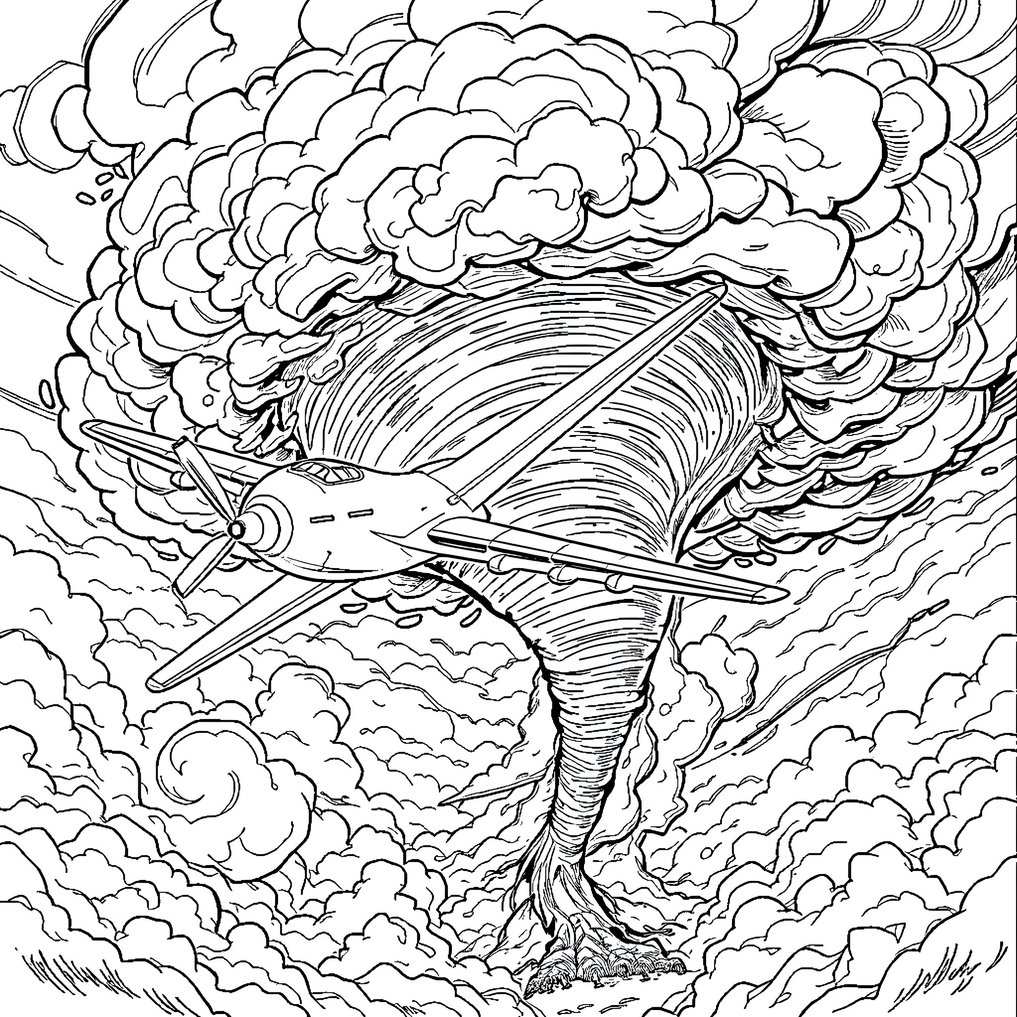 Airplane soaring through dramatic clouds Coloring Page (free black-and-white line drawing printable PDF for all, from beginners to advanced learners, including children, teens, adults, and seniors)