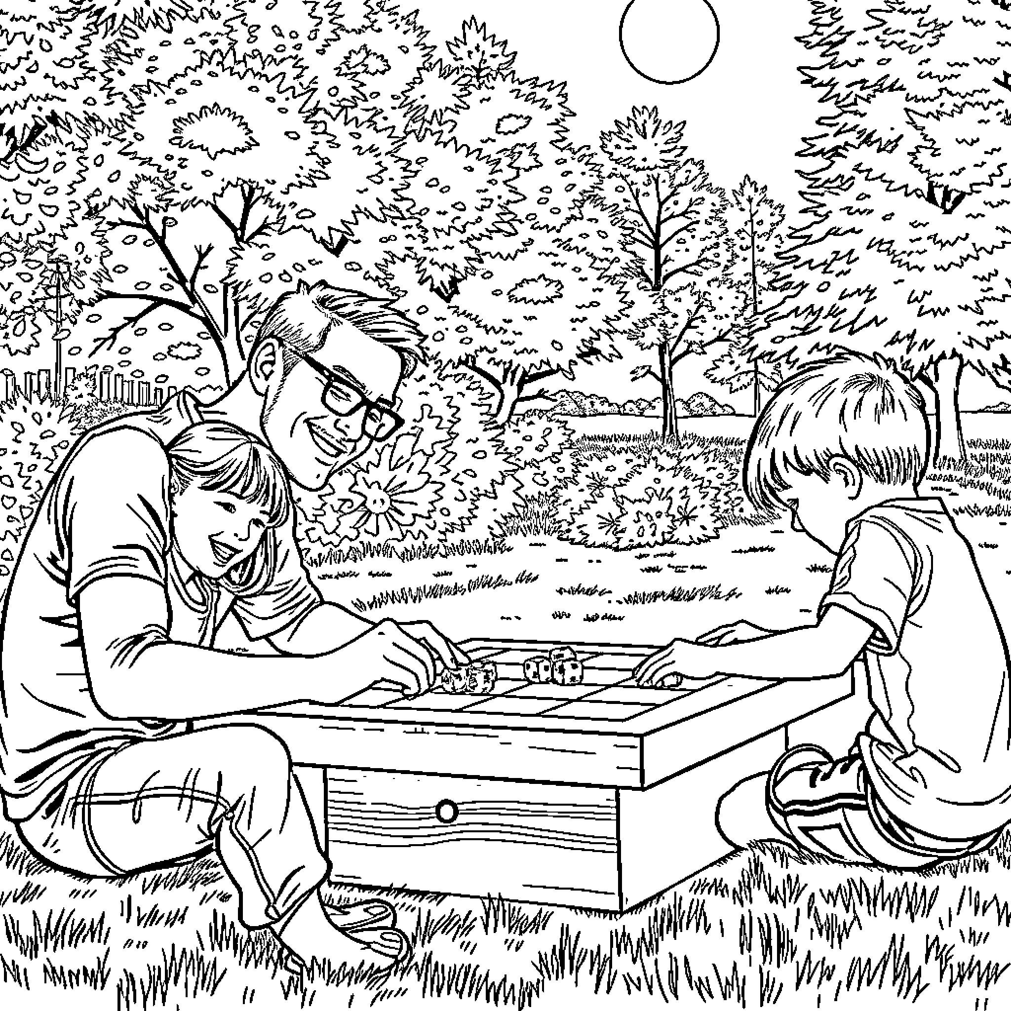 Dad and kids playing a game outdoors in nature Coloring Page (free black-and-white line drawing printable PDF for all, from beginners to advanced learners, including children, teens, adults, and seniors)