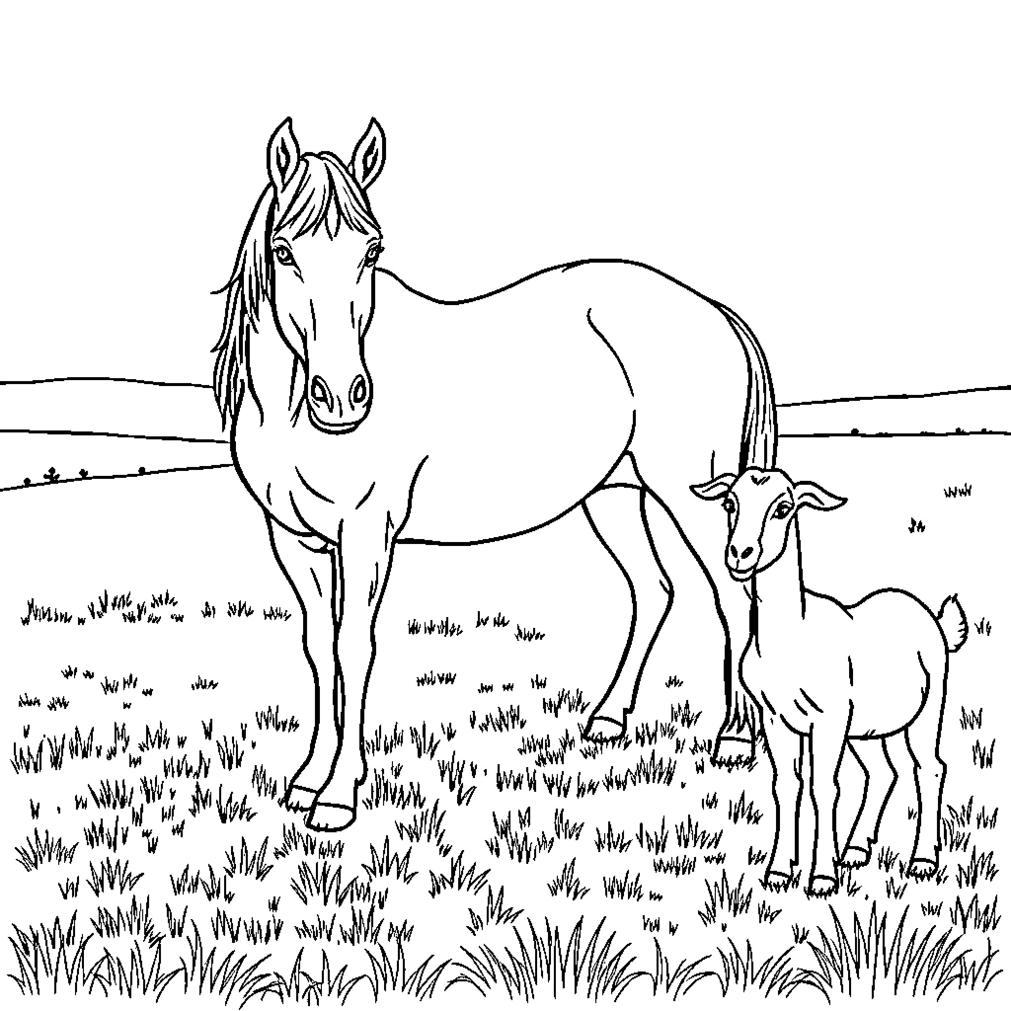 Horse and foal grazing in a field Coloring Page (free black-and-white line drawing printable PDF for all, from beginners to advanced learners, including children, teens, adults, and seniors)