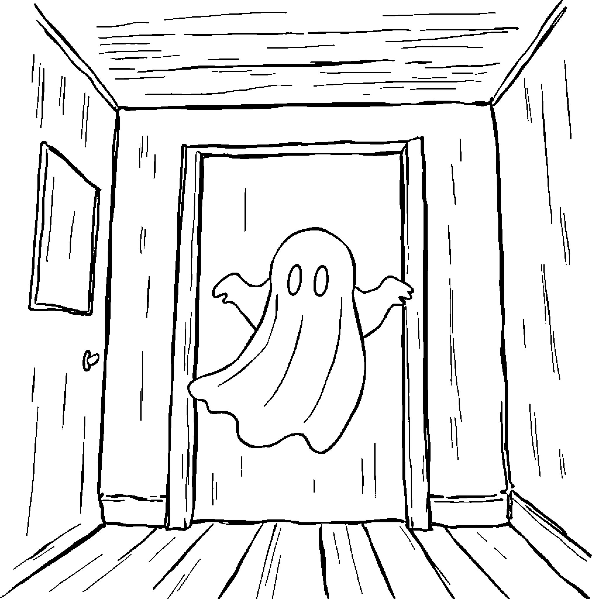 Ghost floating through a spooky doorway Coloring Page (free black-and-white line drawing printable PDF for all, from beginners to advanced learners, including children, teens, adults, and seniors)