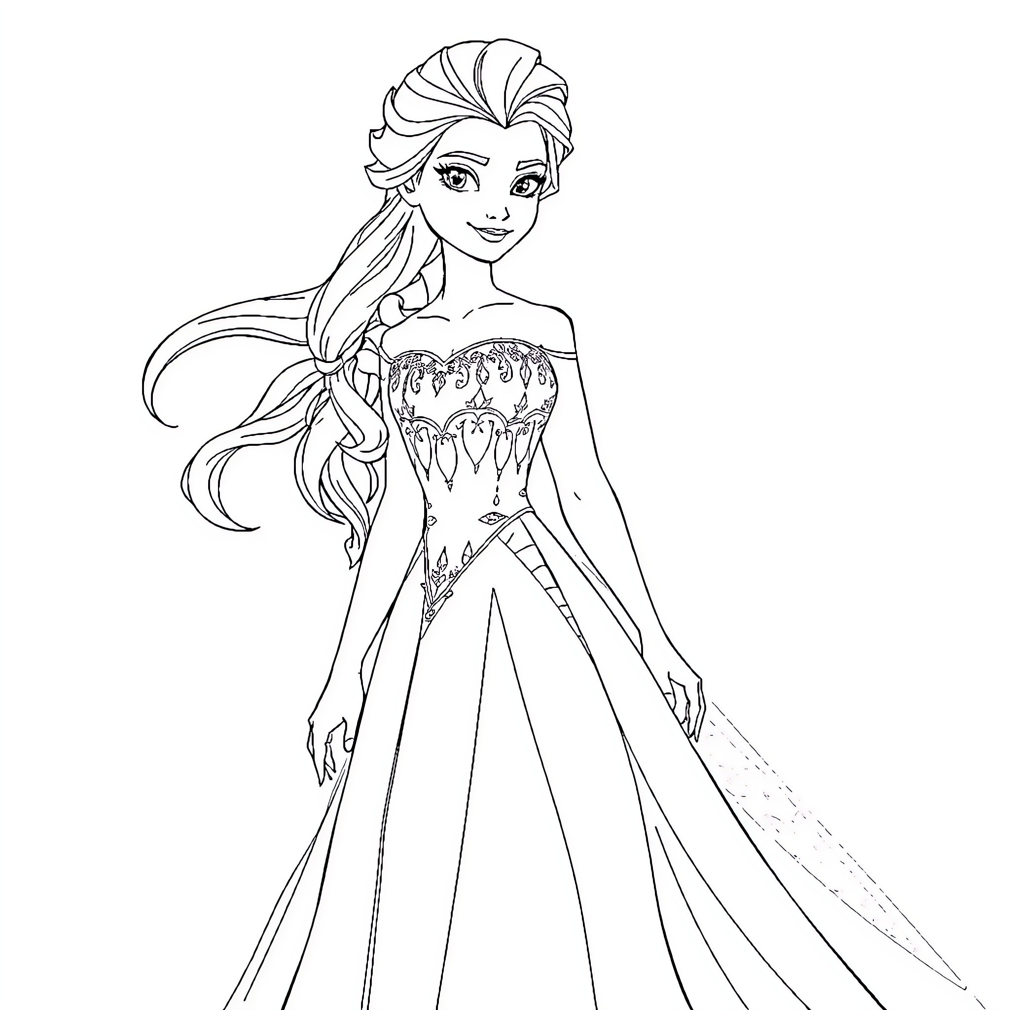 Elsa in a Majestic Gown and Flowing Hair Coloring Page (free black-and-white line drawing printable PDF for all, from beginners to advanced learners, including children, teens, adults, and seniors)