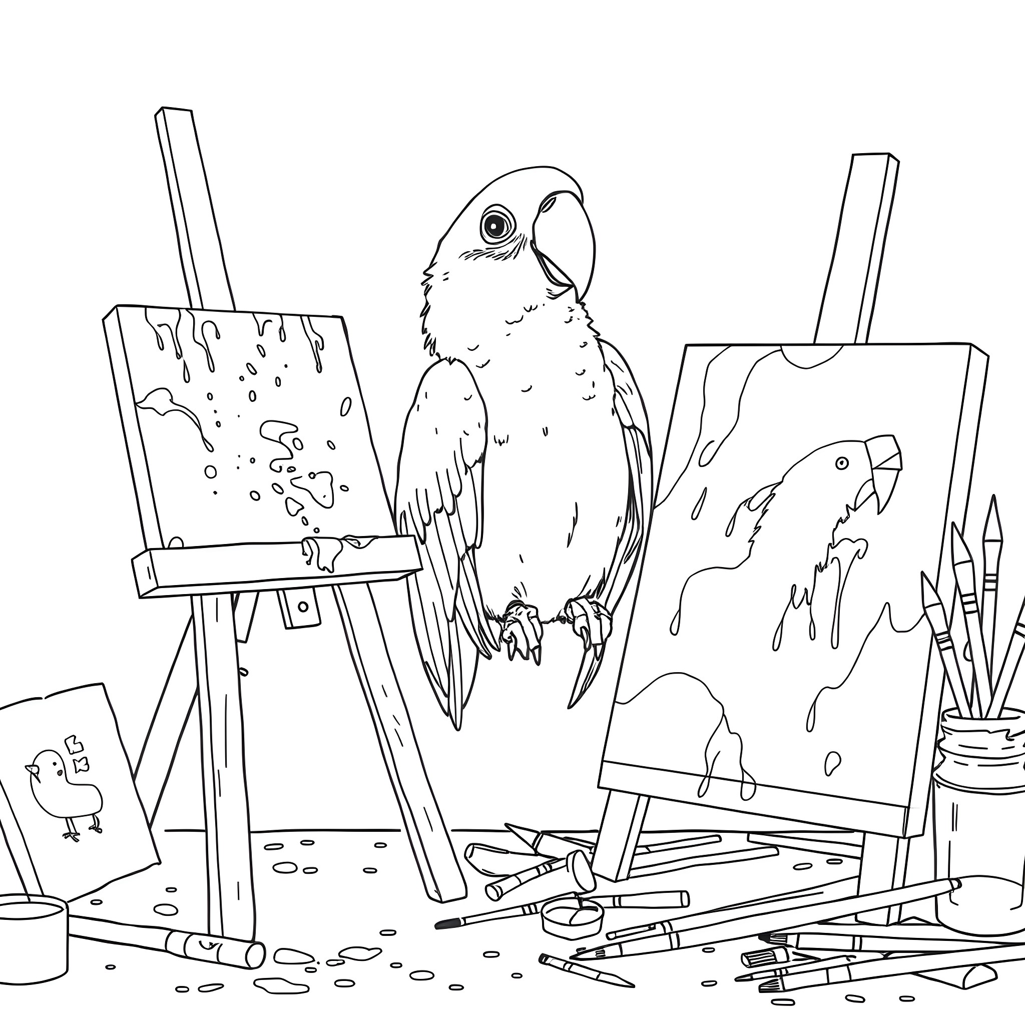 Parrot perched on artist's easel in studio Coloring Page (free black-and-white line drawing printable PDF for all, from beginners to advanced learners, including children, teens, adults, and seniors)