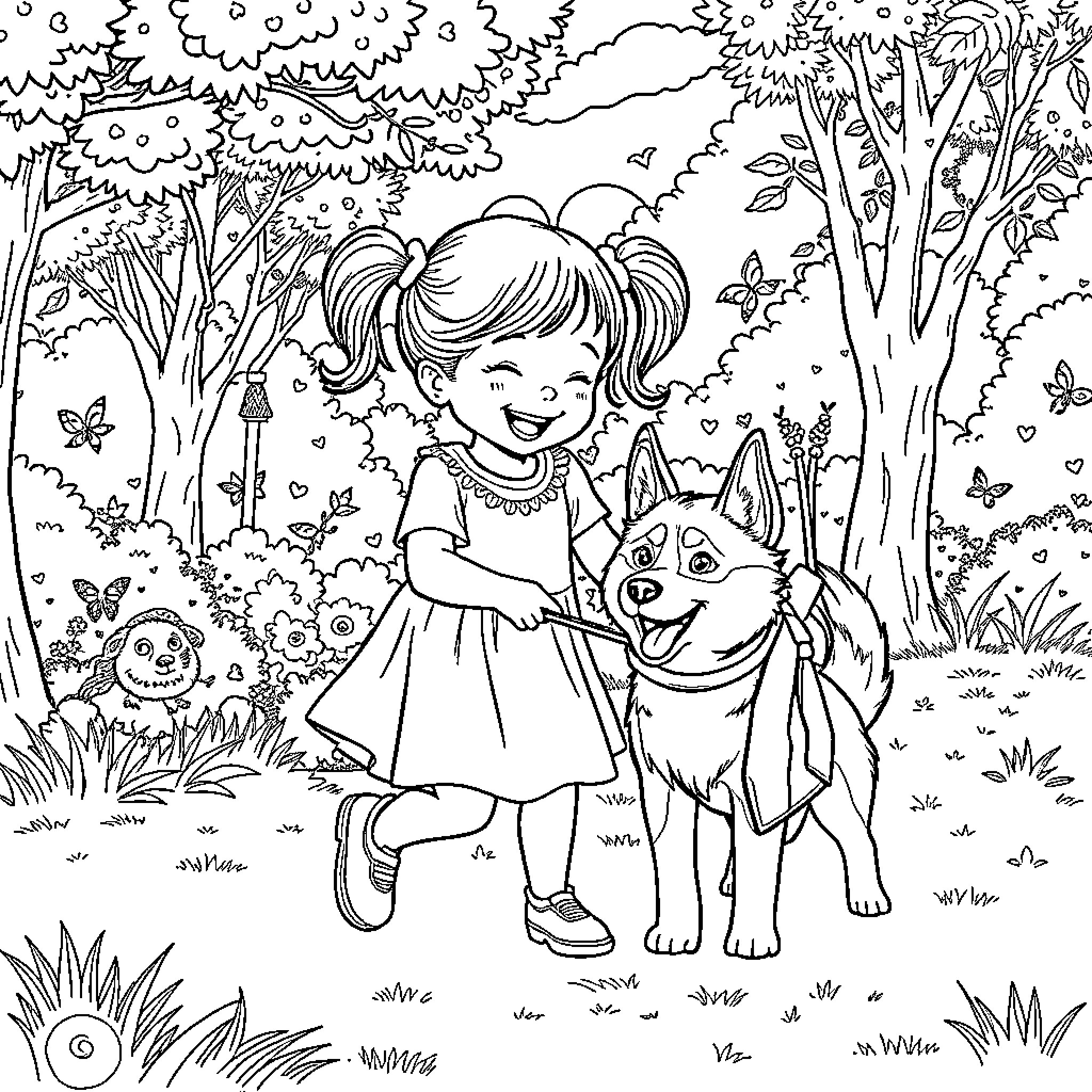 Girl playing with her pet in the enchanting forest Coloring Page (free black-and-white line drawing printable PDF for all, from beginners to advanced learners, including children, teens, adults, and seniors)