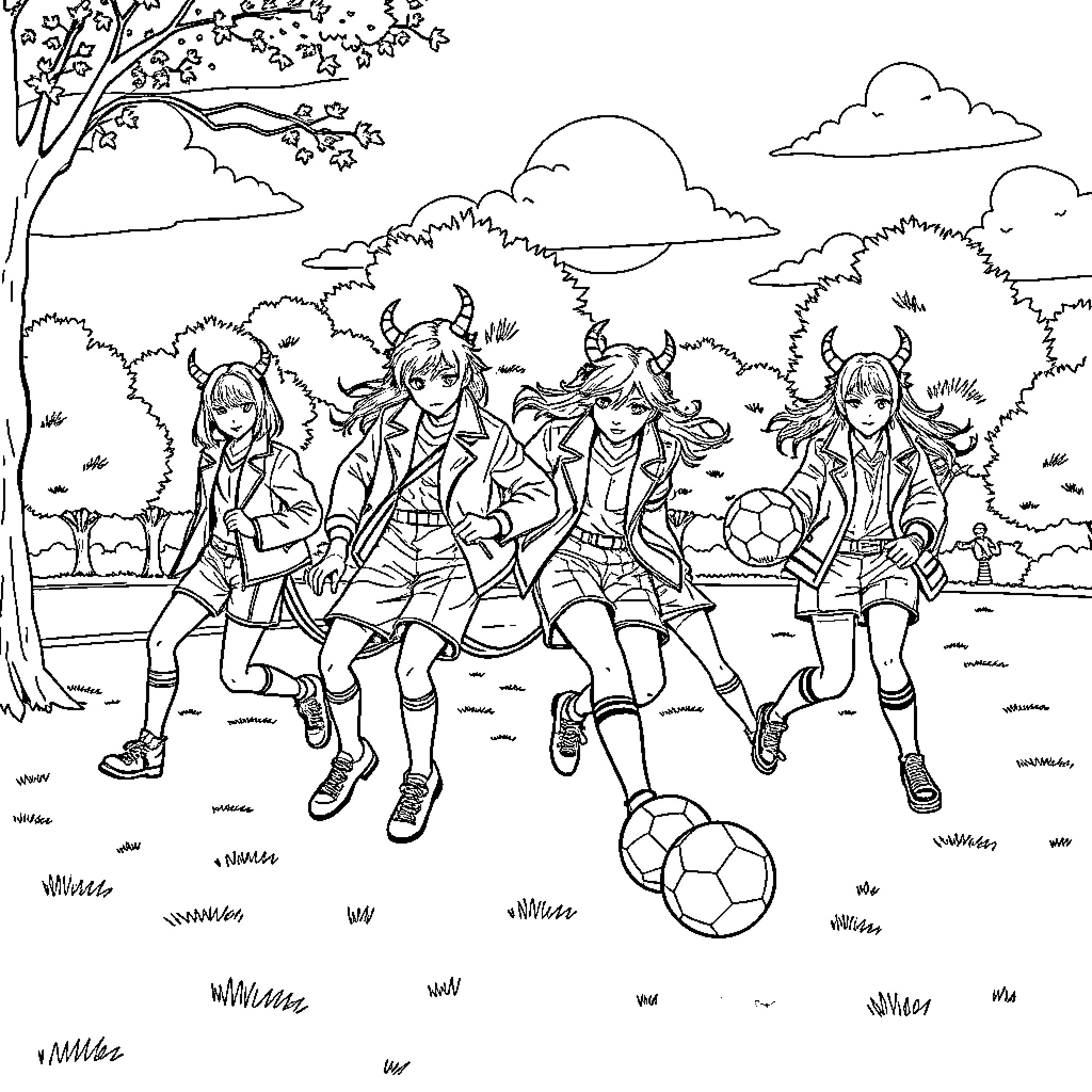 Demon Hunters Engaged in Playful Soccer Game Coloring Page (free black-and-white line drawing printable PDF for all, from beginners to advanced learners, including children, teens, adults, and seniors)