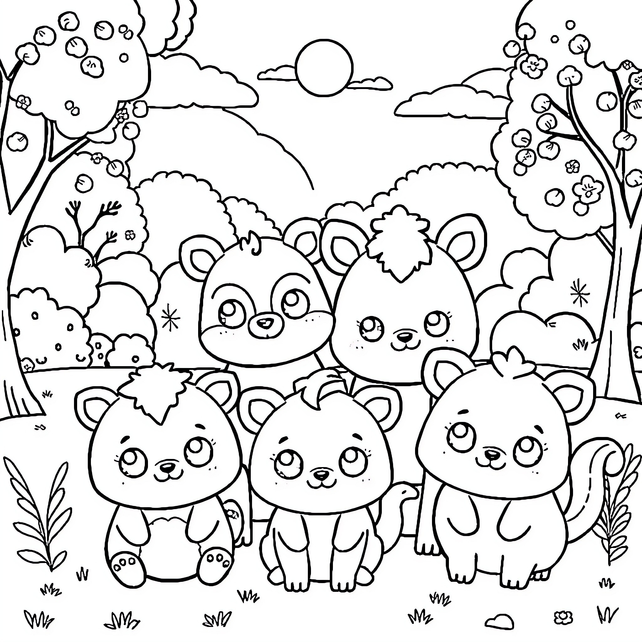 Kawaii Animals Enjoying Nature Coloring Page (free black-and-white line drawing printable PDF for all, from beginners to advanced learners, including children, teens, adults, and seniors)