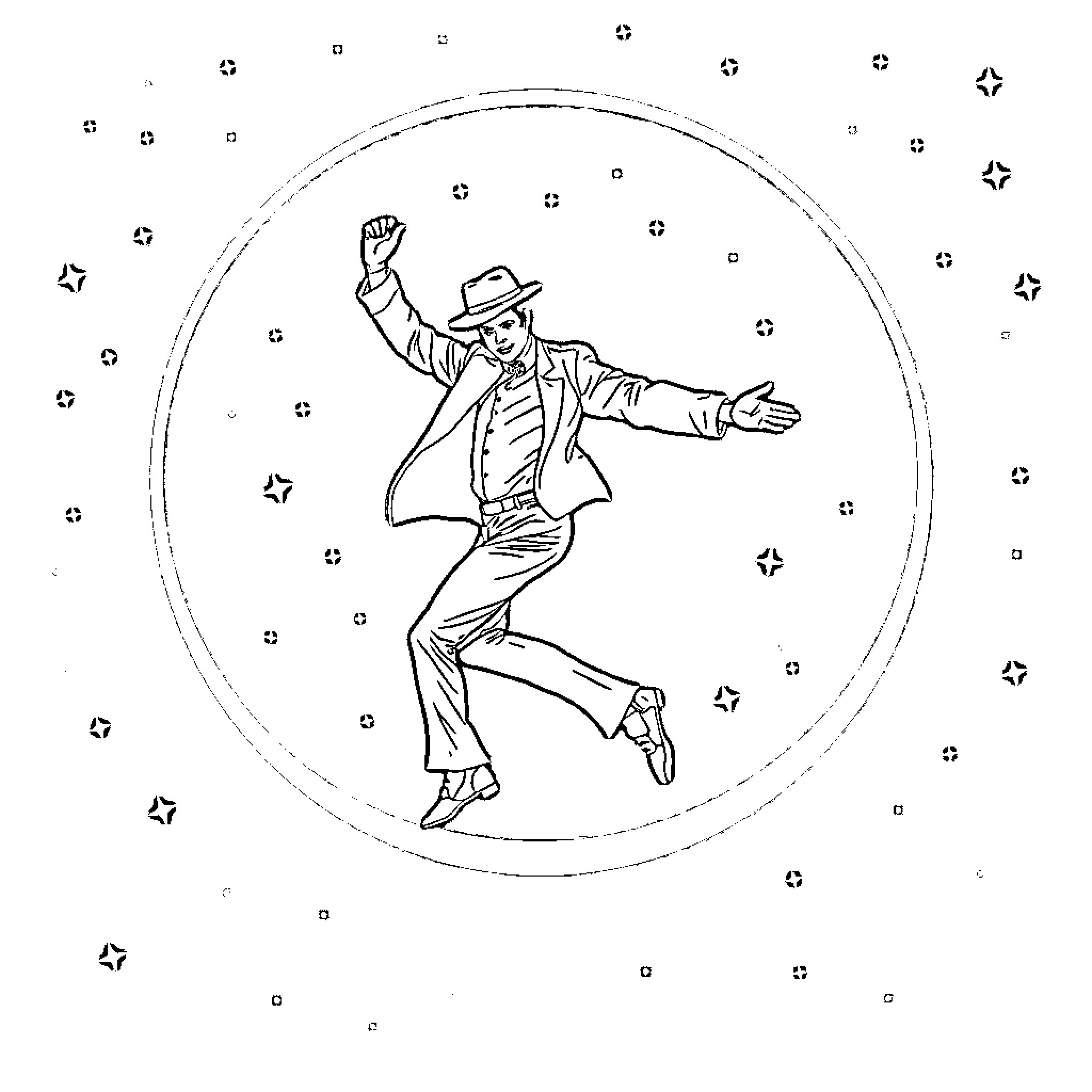 Michael Jackson dancing joyfully on stage Coloring Page (free black-and-white line drawing printable PDF for all, from beginners to advanced learners, including children, teens, adults, and seniors)