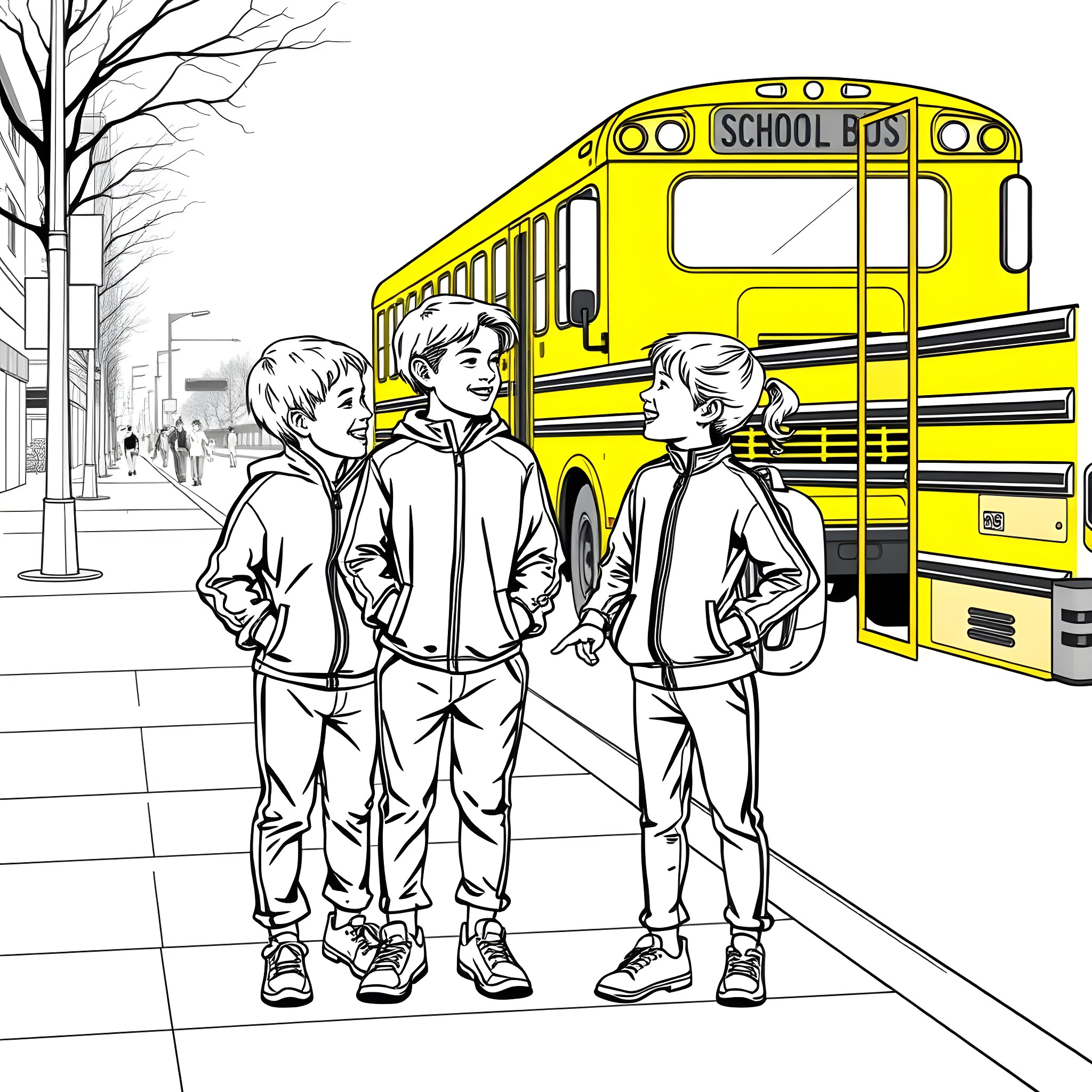 Children walking to school bus Coloring Page (free black-and-white line drawing printable PDF for all, from beginners to advanced learners, including children, teens, adults, and seniors)