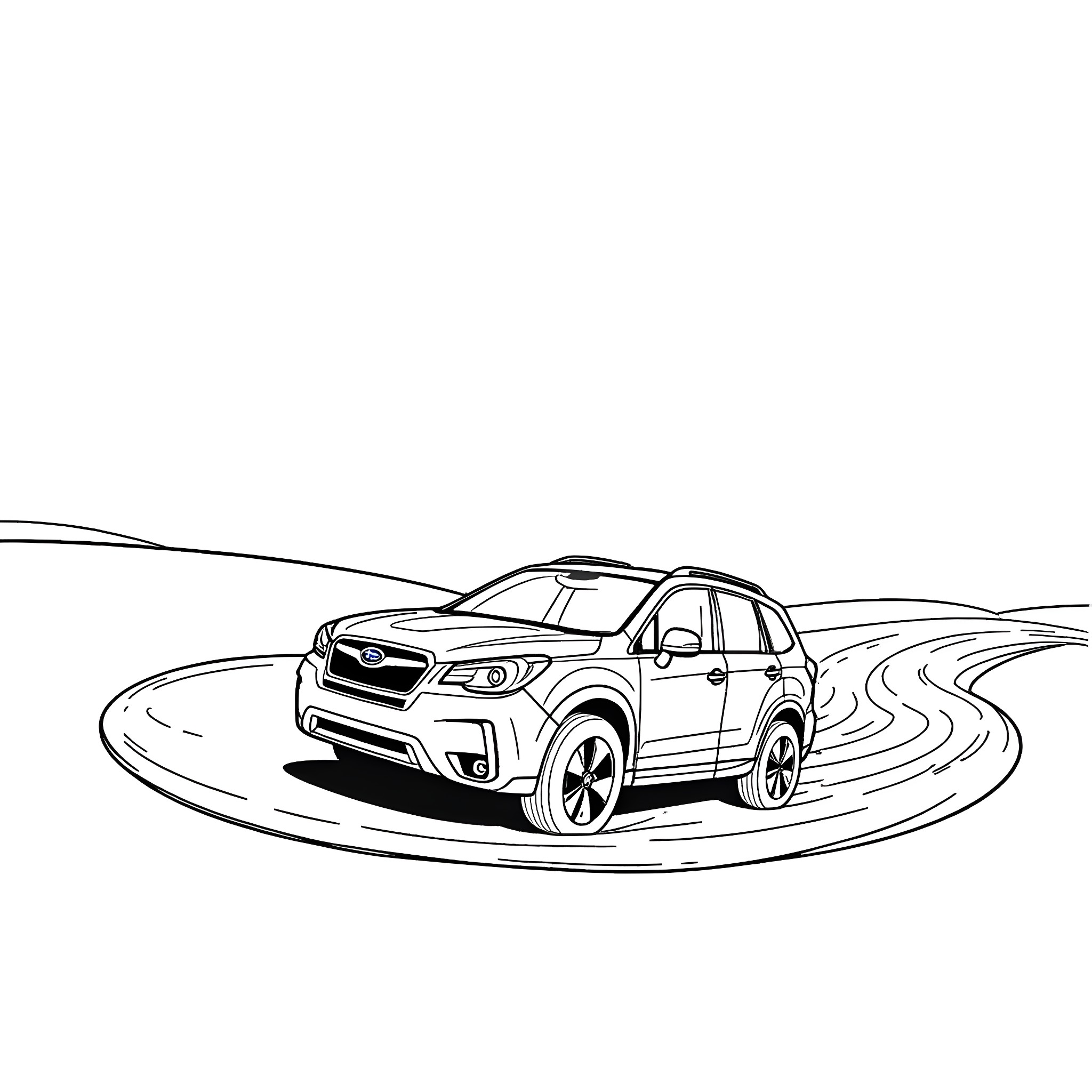 Subaru Forester off-road adventure Coloring Page (free black-and-white line drawing printable PDF for all, from beginners to advanced learners, including children, teens, adults, and seniors)