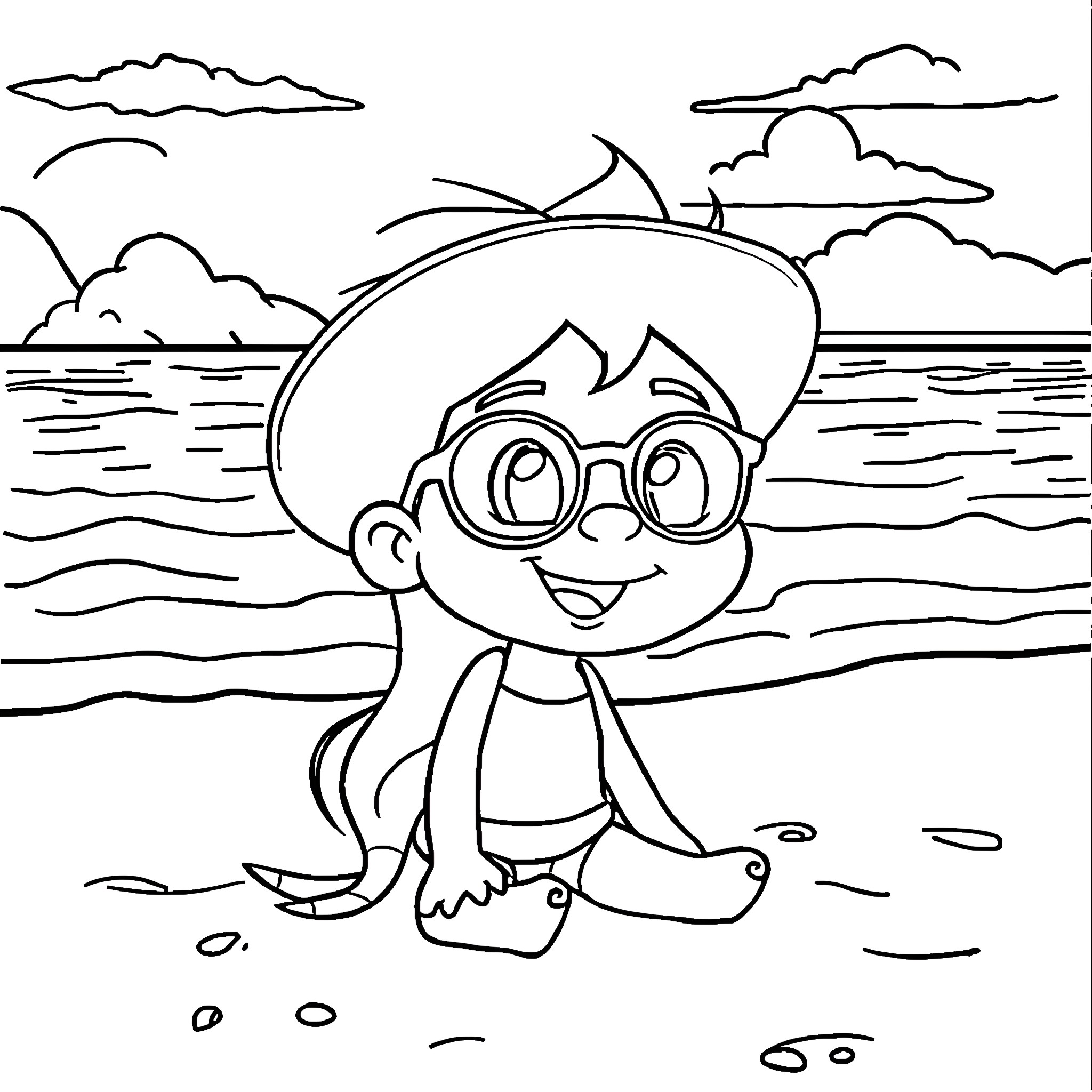 TPlay Happy Beachgoer at the Shore Coloring Page (free black-and-white line drawing printable PDF for all, from beginners to advanced learners, including children, teens, adults, and seniors)