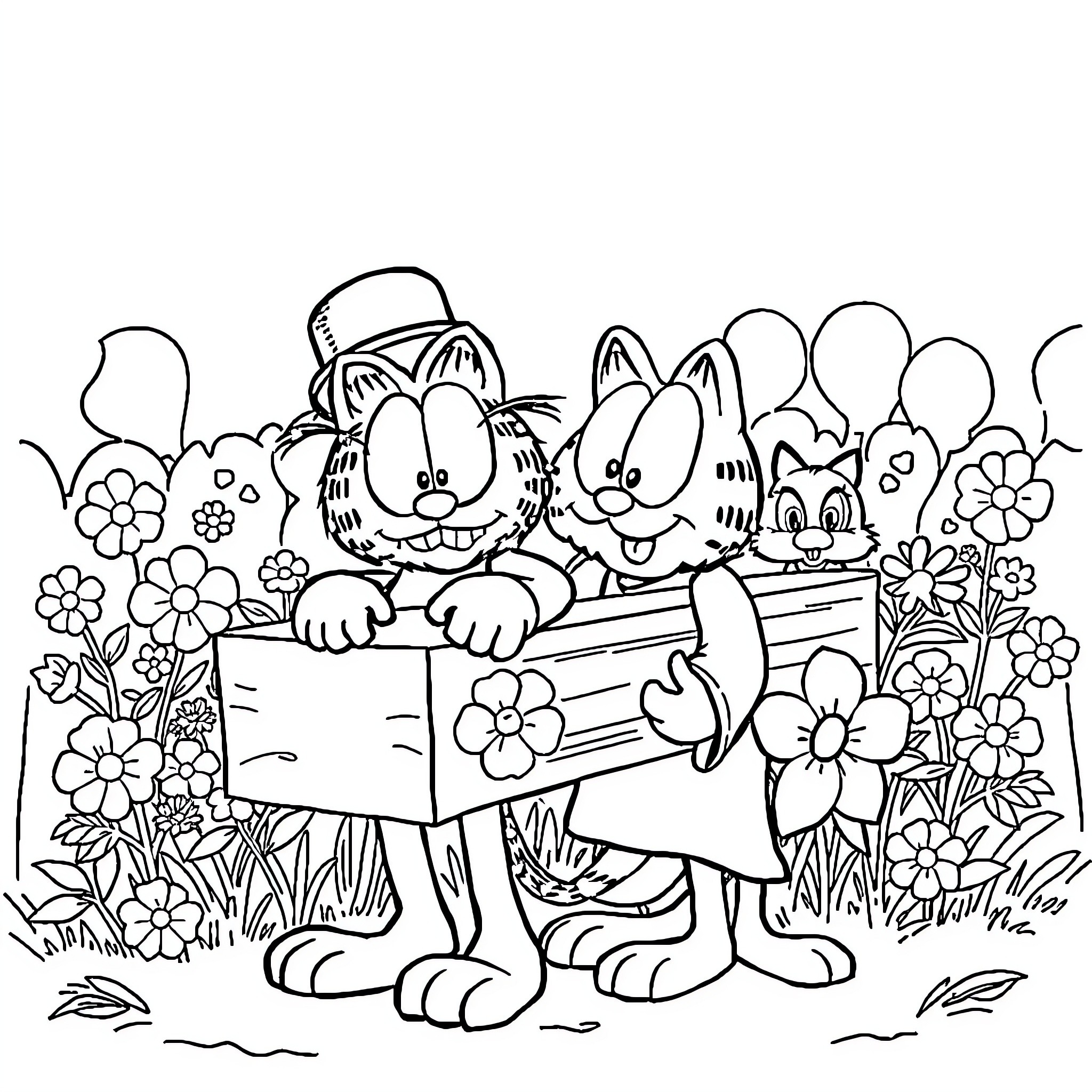 Garfield and Friends Enjoying Nature Together Coloring Page (free black-and-white line drawing printable PDF for all, from beginners to advanced learners, including children, teens, adults, and seniors)