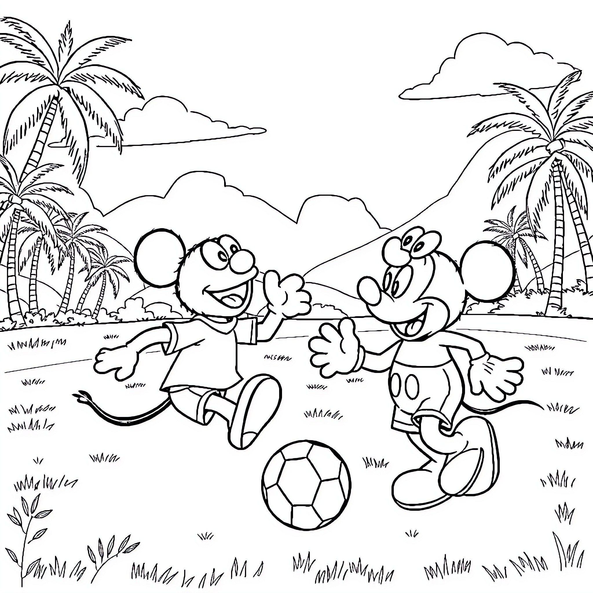 Elmo and friends playing soccer on the beach Coloring Page (free black-and-white line drawing printable PDF for all, from beginners to advanced learners, including children, teens, adults, and seniors)